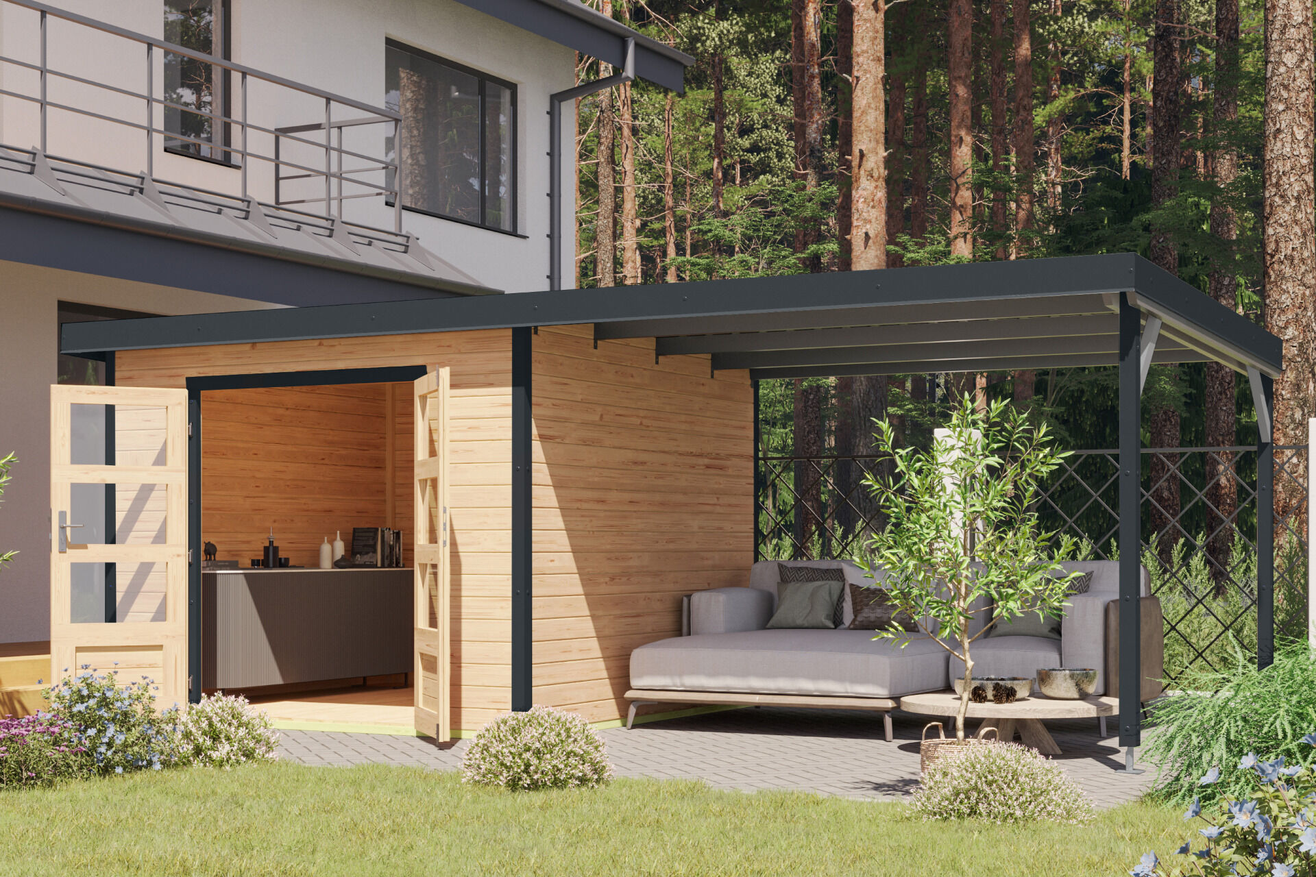 Karibu Pultdach Holz & Metall Gartenhaus Pluto 6 Set mit Anbaudach 3,07 m, naturbelassen / graualuminium