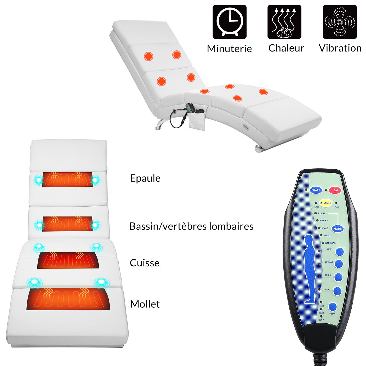 Relaxliege London Weiß mit Massage- + Heizfunktion