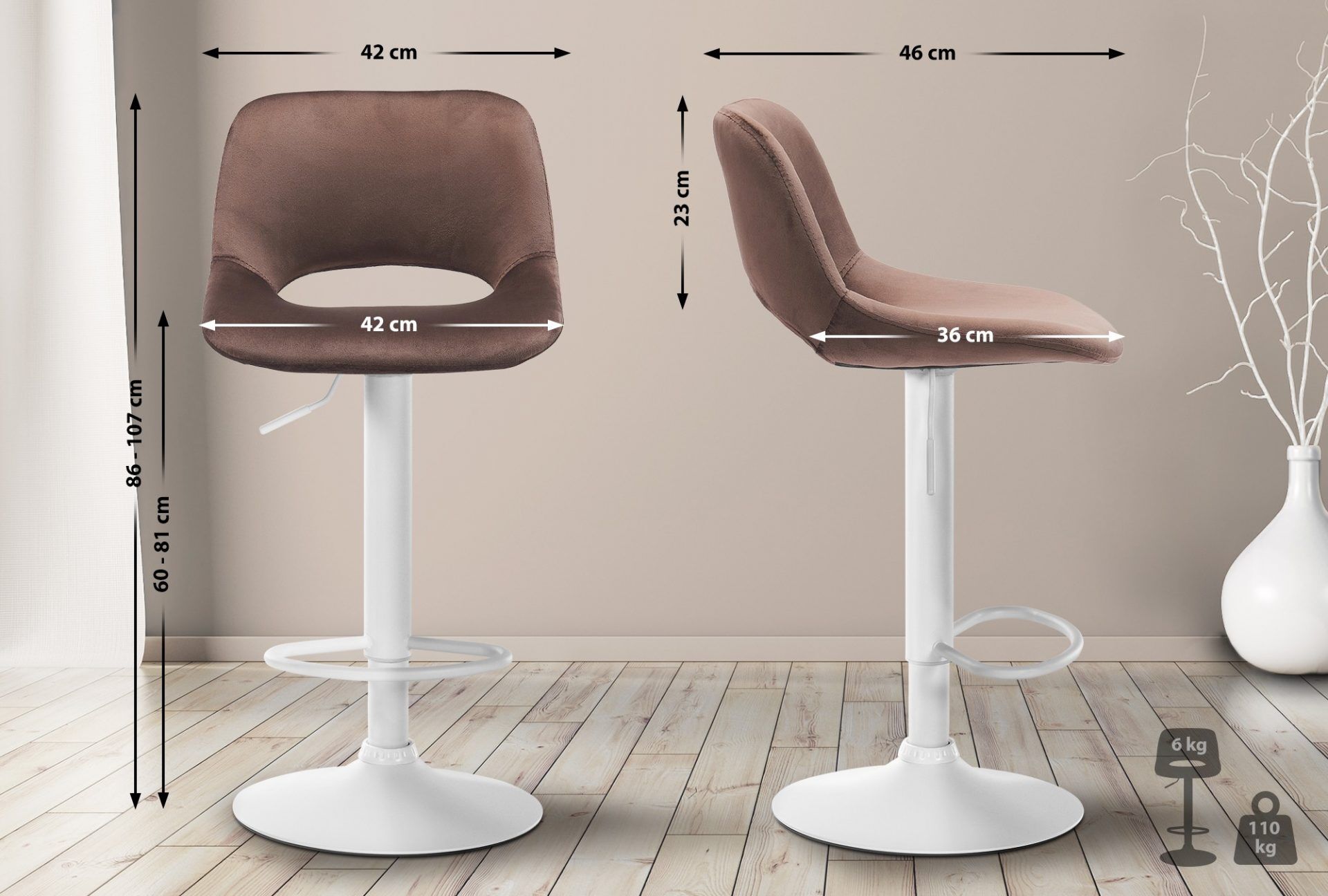 2er Set Barhocker Camden Samt weiß, braun