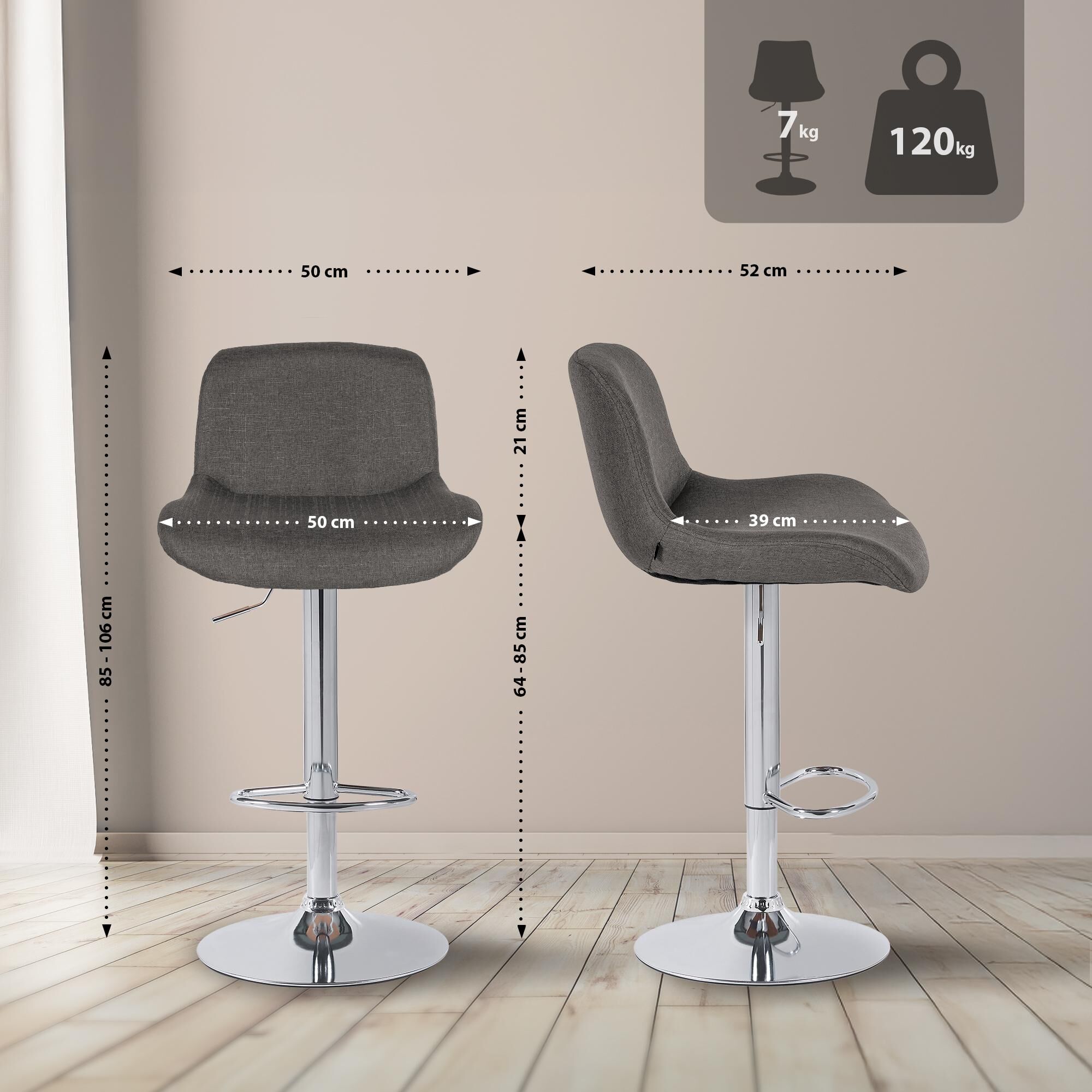 2er Set Barhocker Solon Chrom Stoff, dunkelgrau