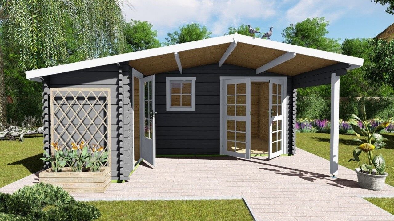 Gartenhaus Norwegen 5 Holz-Blockhaus 510×480 cm mit Vorbau im Garten