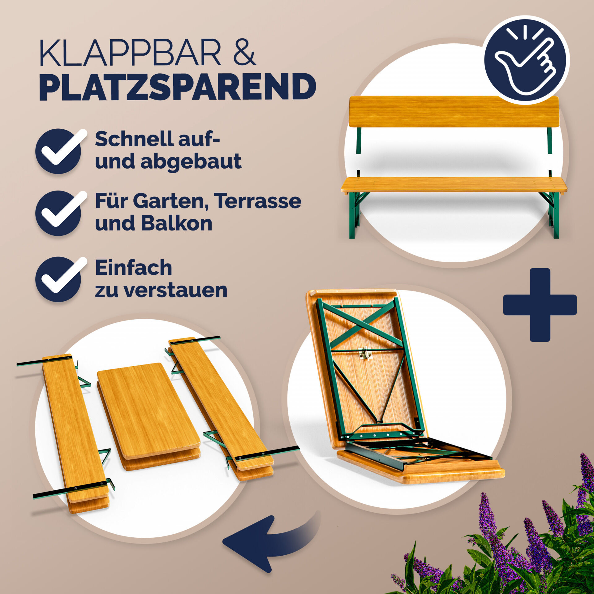 Bierzeltgarnitur mit Lehne Modell 2026 170 cm Stabil Hohe Belastbarkeit Klappbar Holz für 8 Personen Festzeltgarnitur