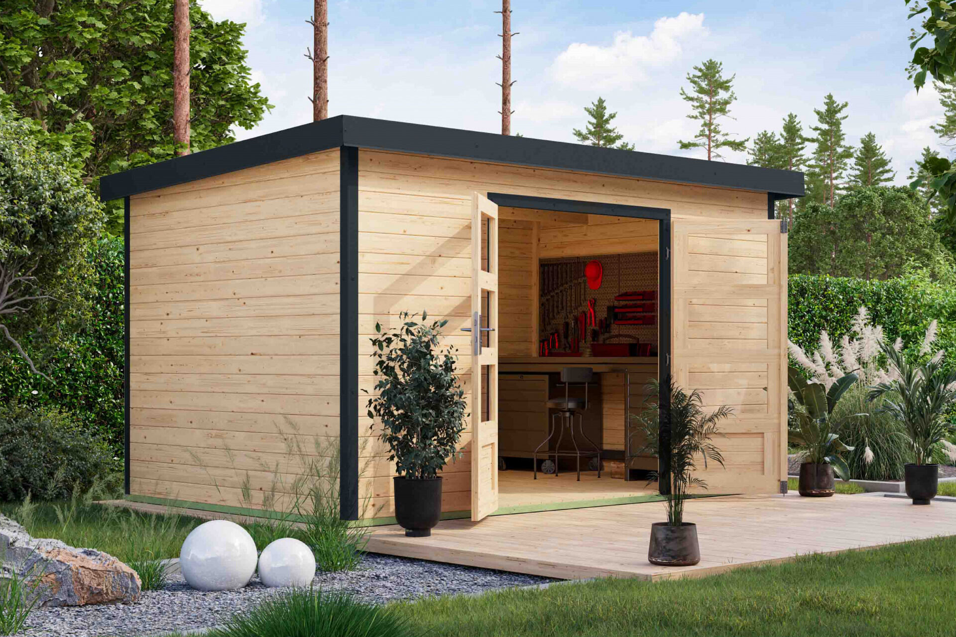Karibu Pultdach Holz & Metall Gartenhaus Pluto 7, naturbelassen / graualuminium