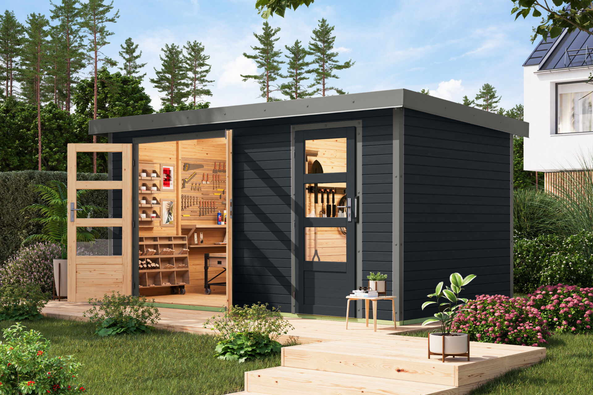 Karibu Pultdach Holz & Metall Gartenhaus Merkur, naturbelassen / graualuminium