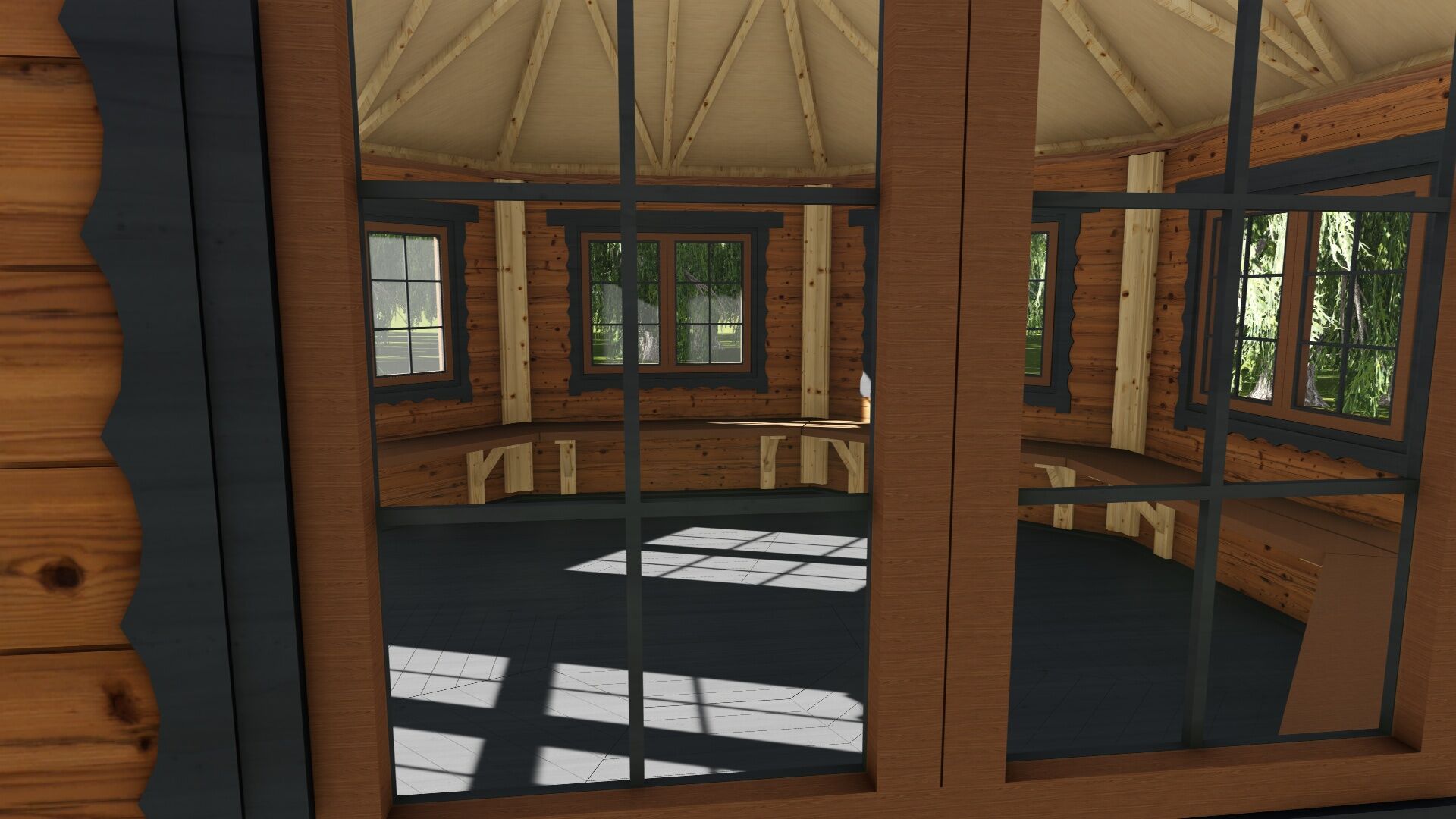 Grillpavillon Victoria 17 m² Blick durch das Fenster nach Innen