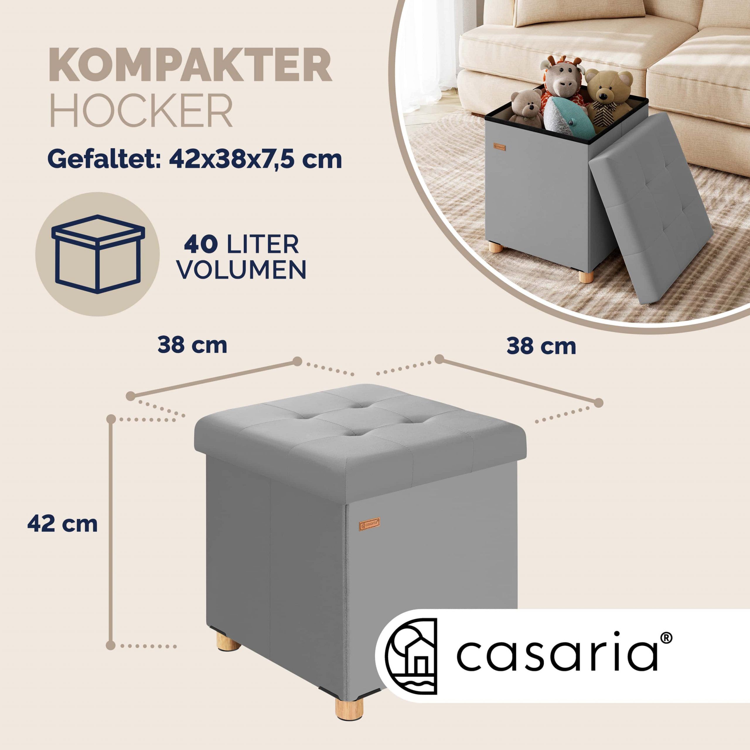 Sitzhocker Grau Samt 42x38x38cm faltbar