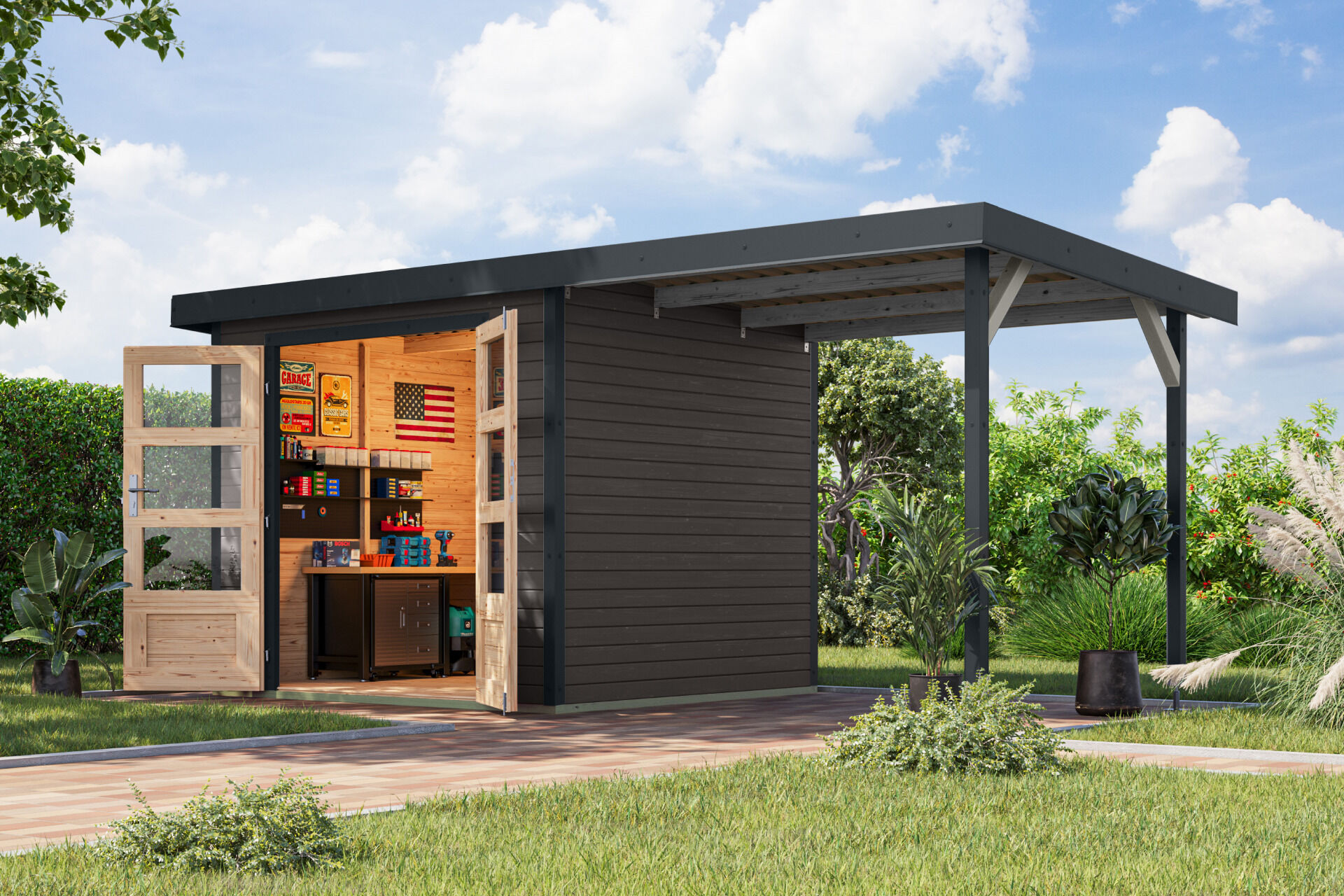Karibu Pultdach Holz & Metall Gartenhaus Jupiter 3 Set mit Anbaudach 2,35 m, naturbelassen / graualuminium