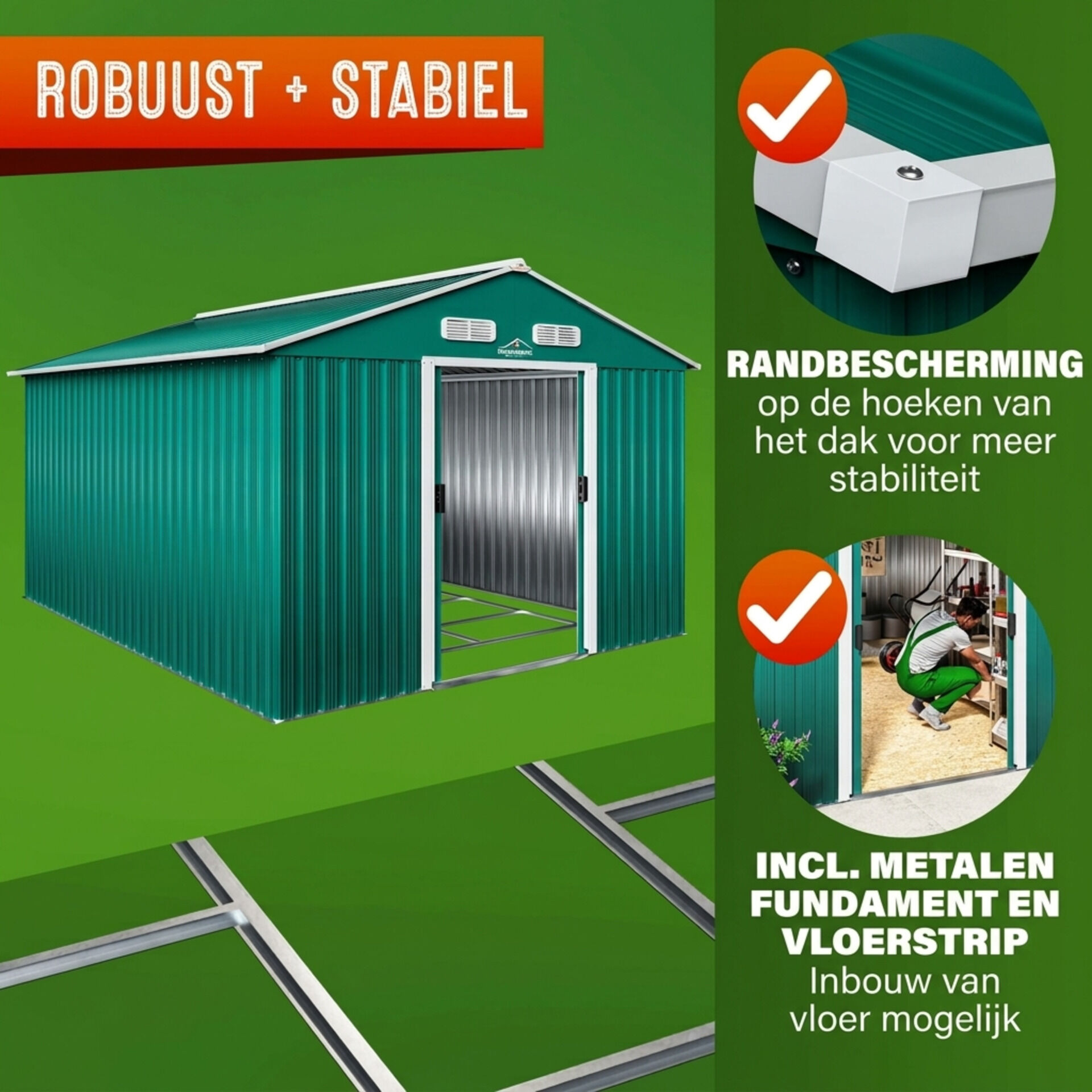 Geräteschuppen Grün 260x315x180cm Metall 15m³ Stauraum verzinkter Bodenkranz