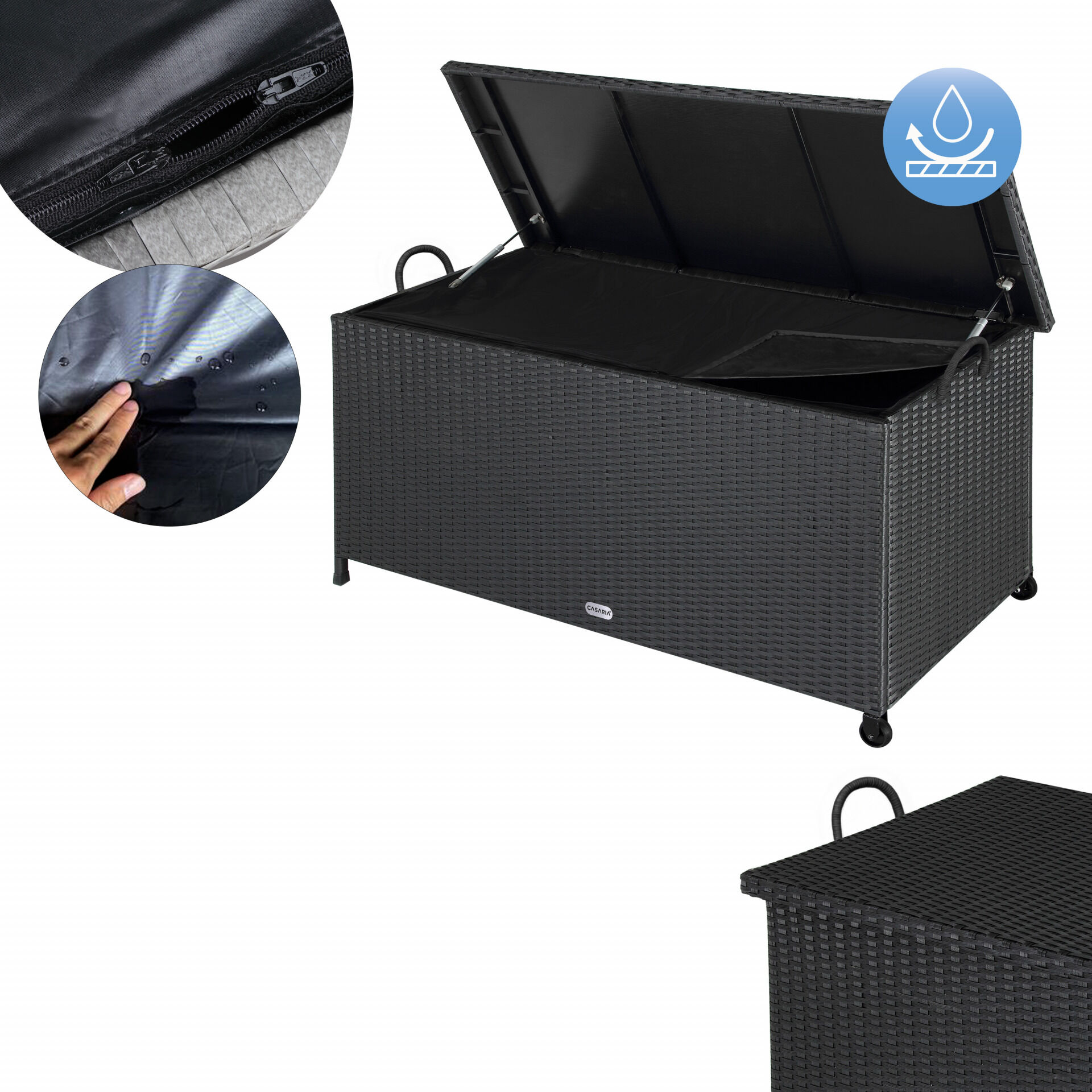 Gartenbox Polyrattan Schwarz 117x53x60cm mit Griffen + Rollen