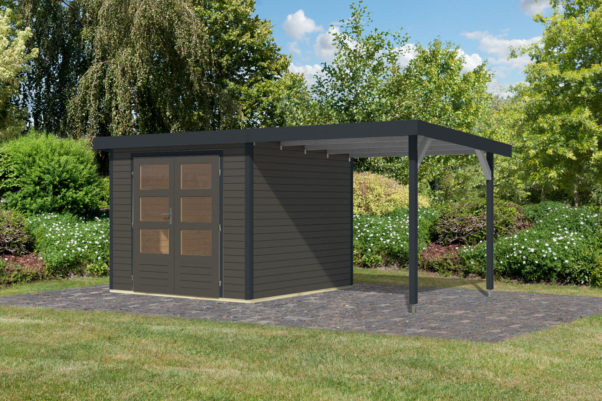 Karibu Pultdach Holz & Metall Gartenhaus Jupiter 3,5 Set mit Anbaudach 2,35 m, naturbelassen / graualuminium
