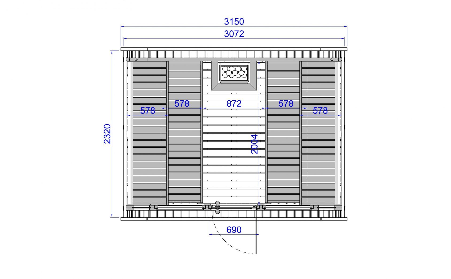 Fasssauna Premium Quadro 3x2,3 gerade Bänke Grundriss