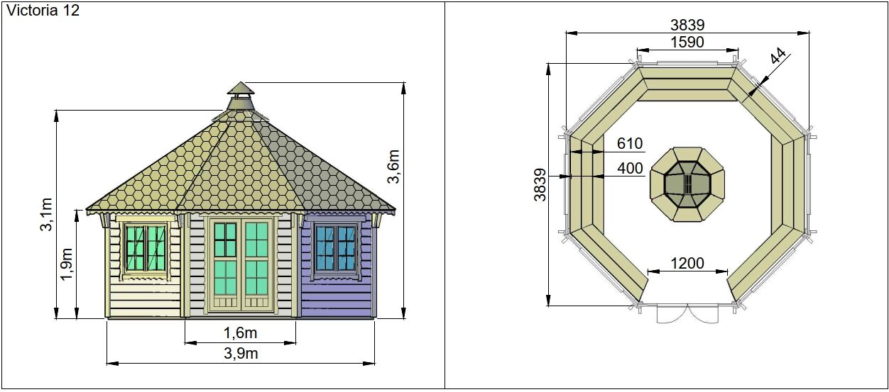Zeichnung und Grundriss Grillpavillon Victoria 12 m²