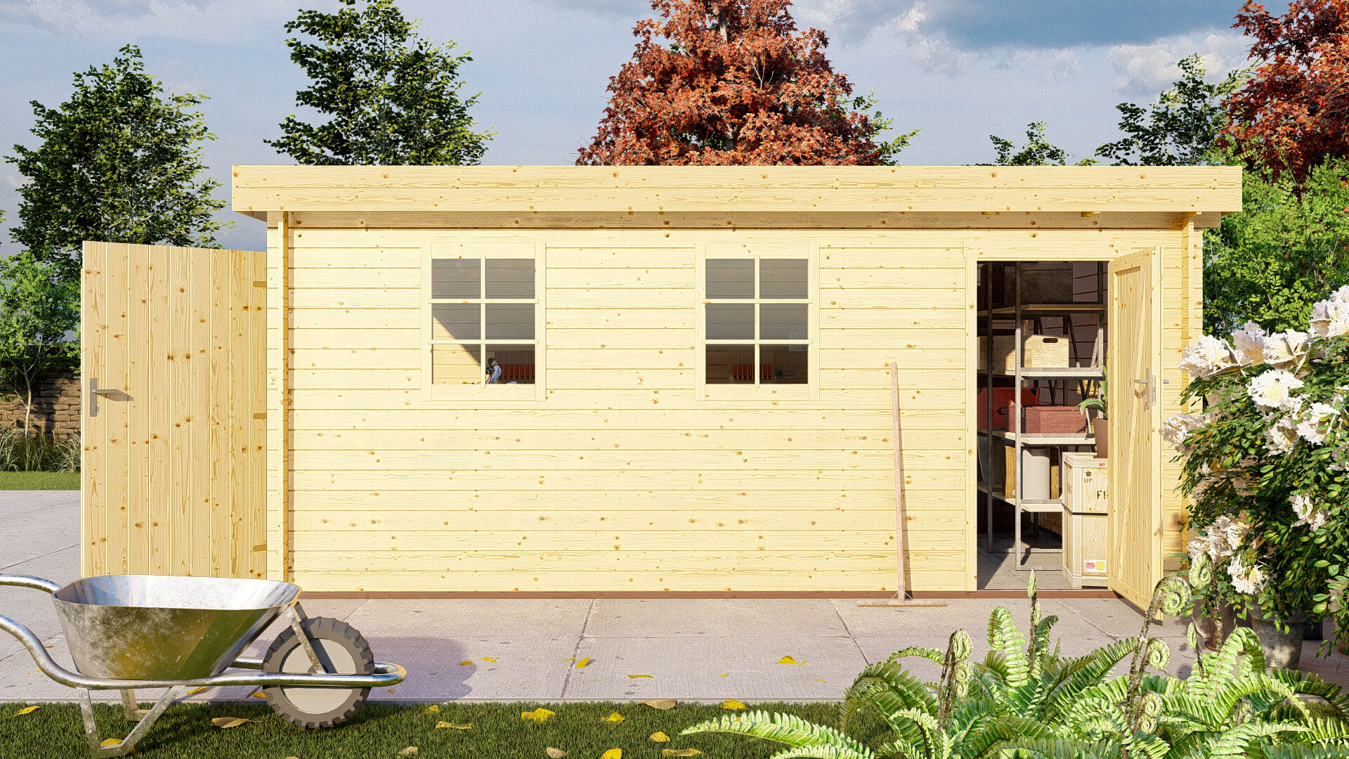 Flachdach Holzgarage Schweden 51 – 28 mm Blockbohlen Garage mit Seitentür & Doppeltor