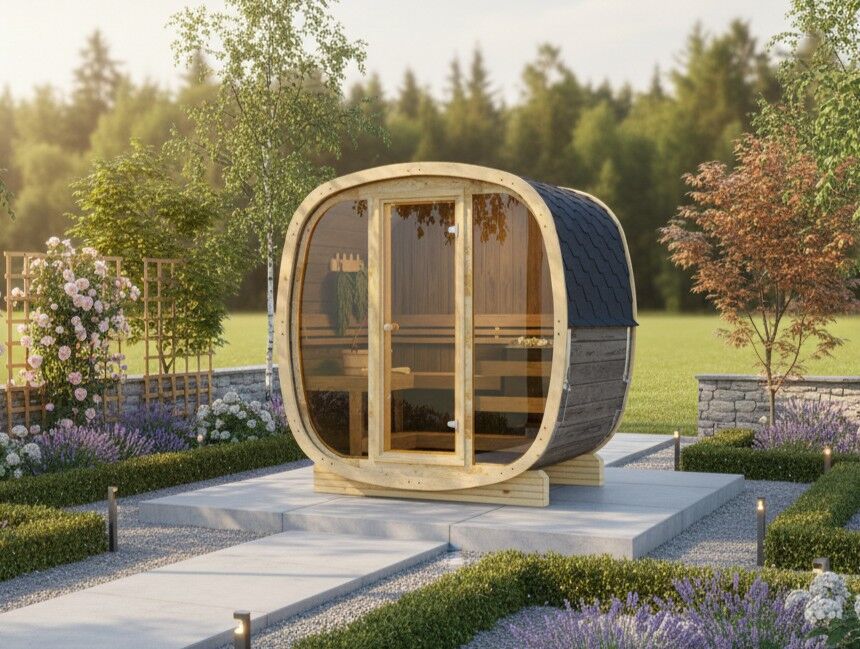 Fasssauna Quadro 130 Vollglas – Outdoor Sauna für den Garten, Fichte