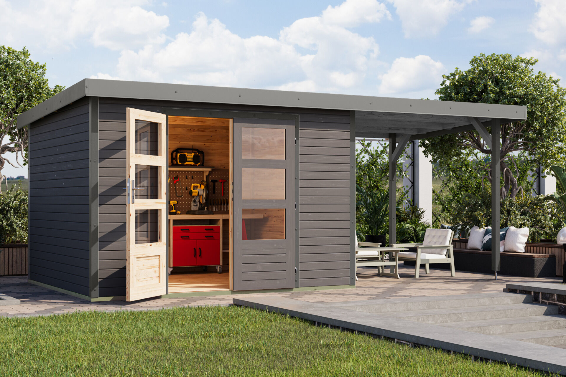 Karibu Pultdach Holz & Metall Gartenhaus Jupiter 5 Set mit Anbaudach 2,35 m, naturbelassen / graualuminium