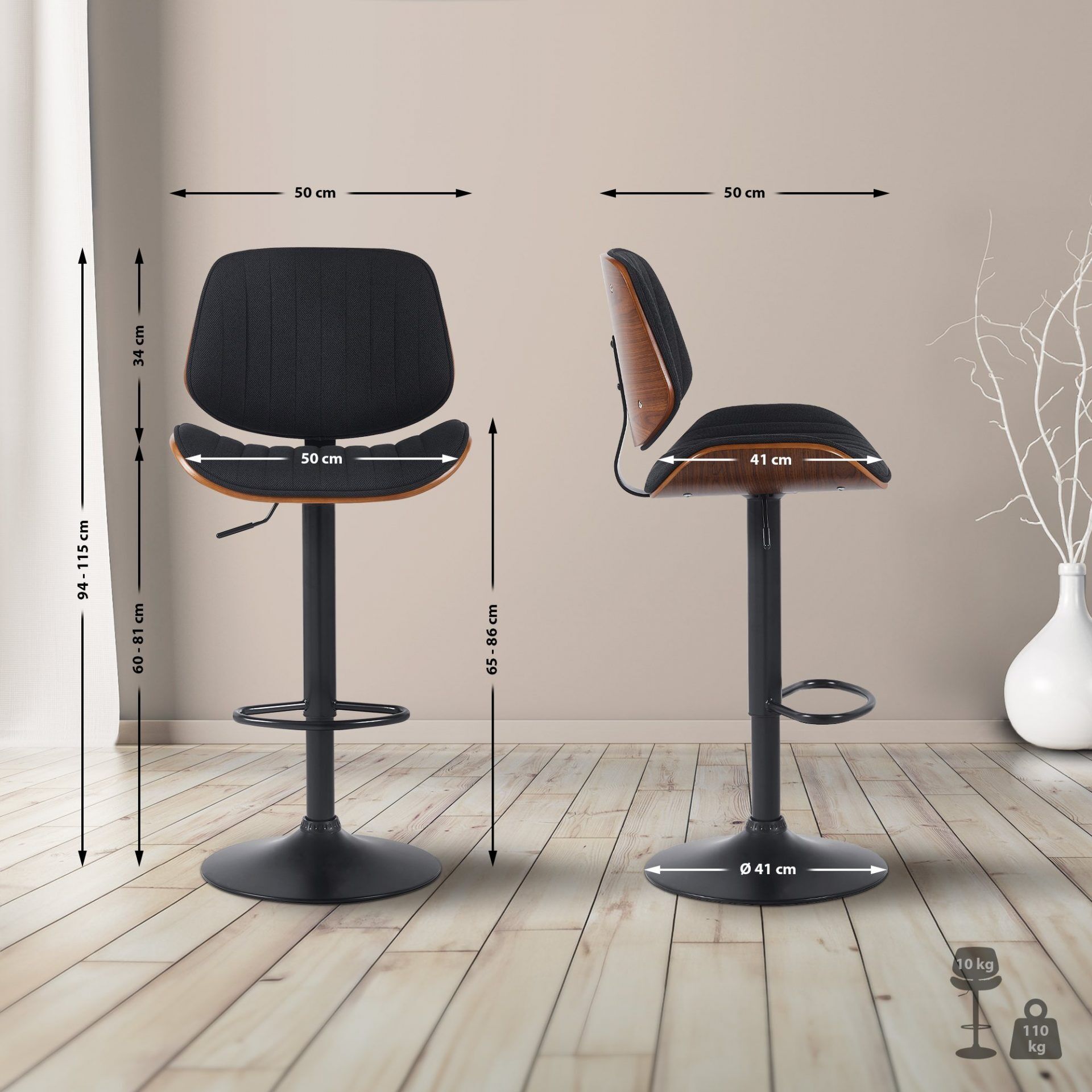 Barhocker Clawson Stoff schwarz, walnuss/schwarz