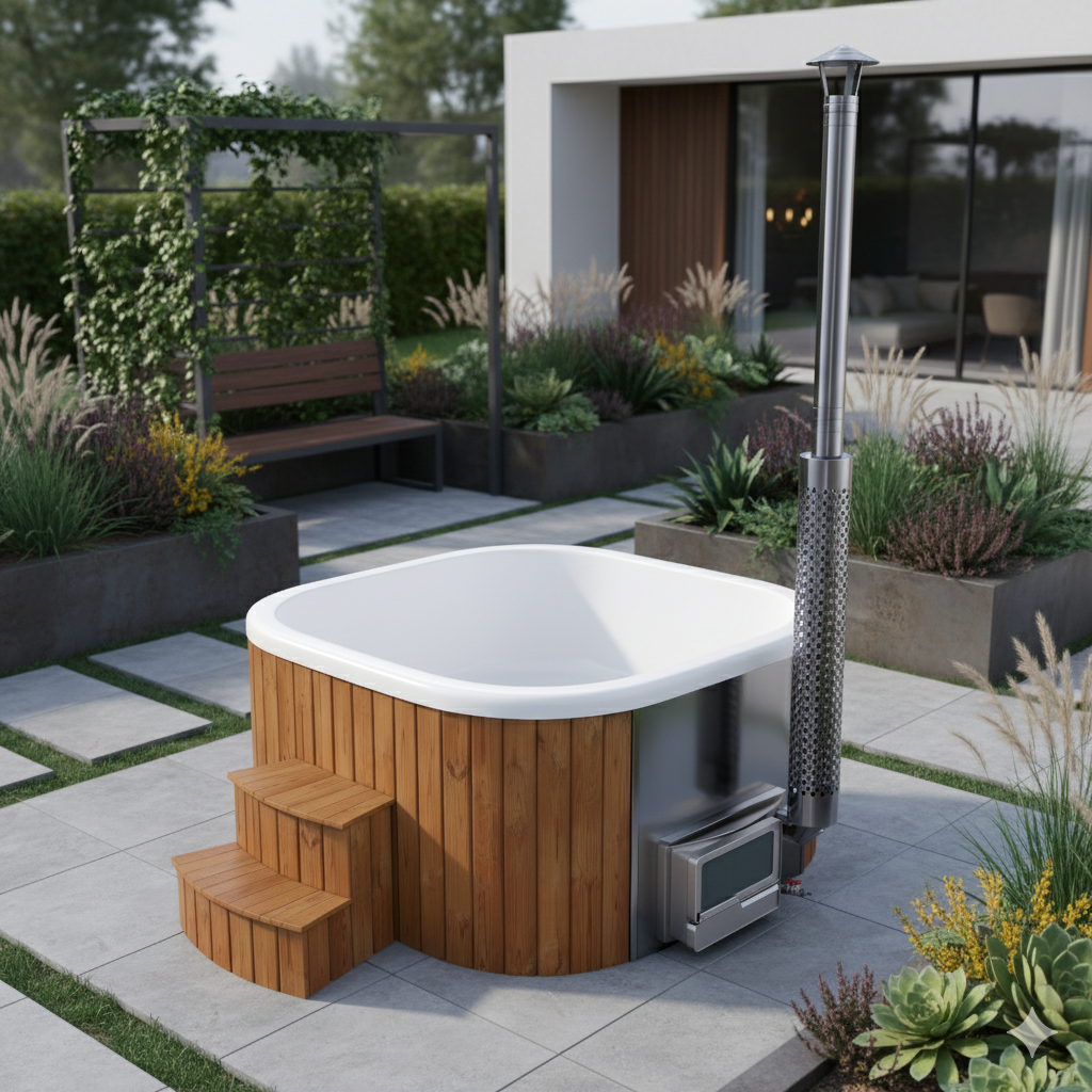 SPANOVA Hottub Quadratisch 200 Thermoholz – Premium Badefass mit integriertem Horizon Holzofen & Acryl-Einsatz