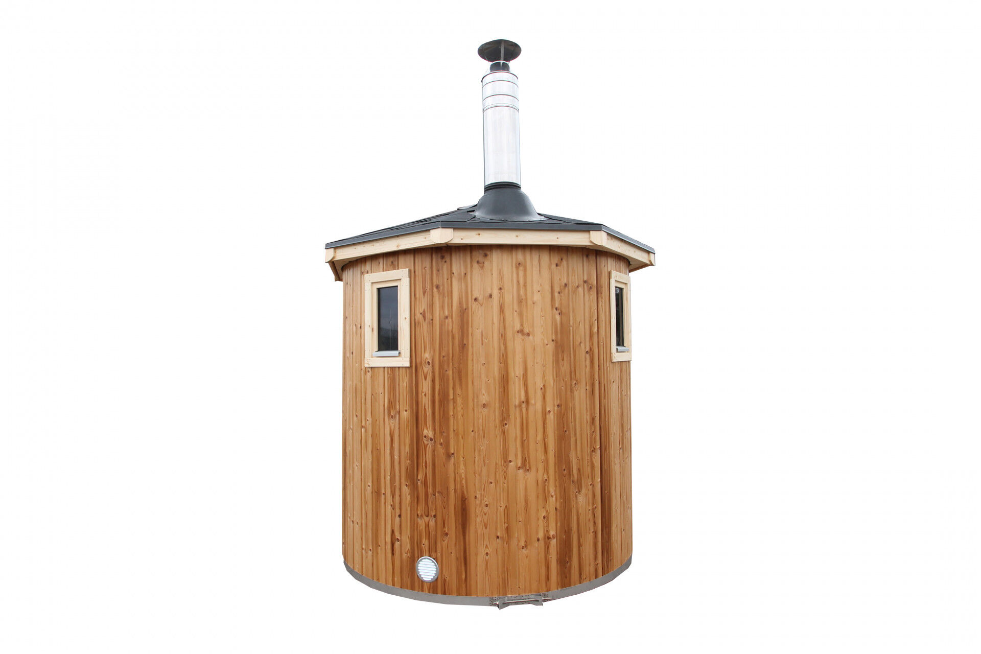 Vertikal Sauna Emil aus Thermoholz Rückseite mit zwei Fenstern, freigestellt