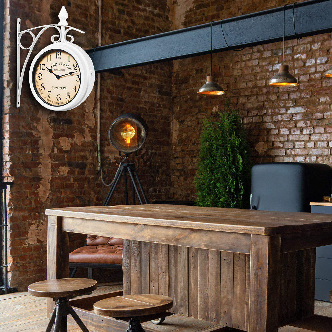 Retrolook Bahnhofsuhr Weiß zweiseitig