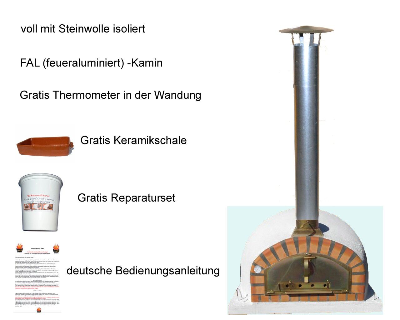 Traditioneller Backofen Pizzaioli 100 inkl. Kaminrohr und Regenhut aus Feueraluminium, weiß, ohne Abdeckhaube, ohne Ofenzubehör, ohne Zubehörset, ohne Grillzubehör, ohne fahrbares Gestell
