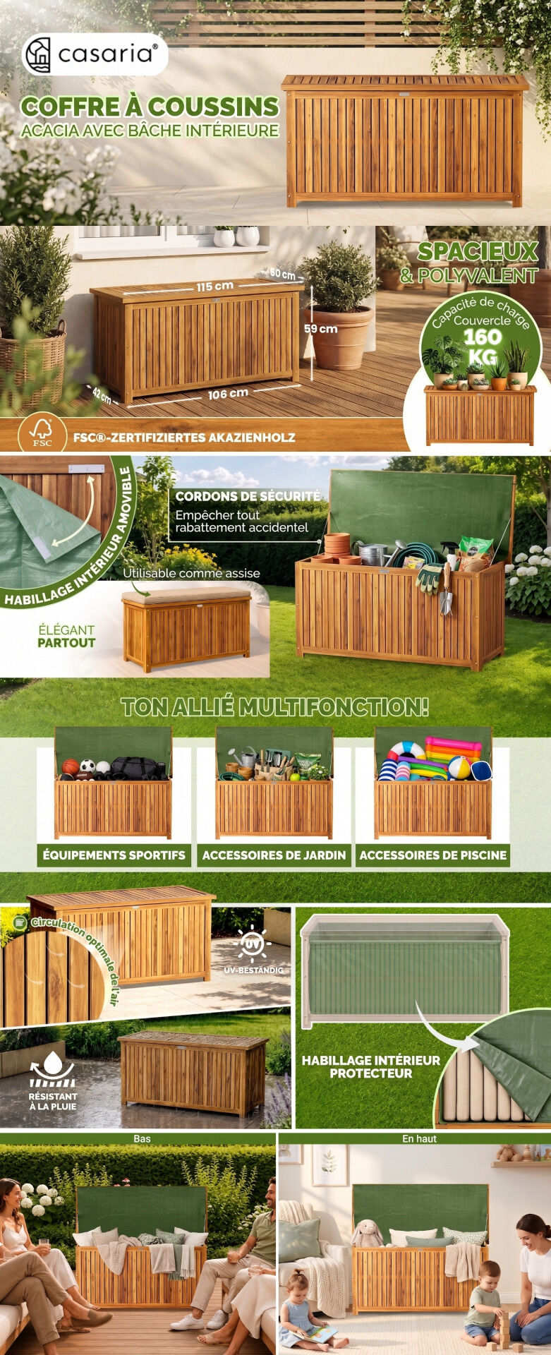 Gartenbox Akazienholz 115x50x59cm mit Innenplane wetterfest 205L