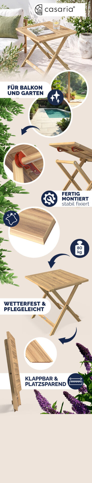Gartentisch klappbar Akazienholz Teak-Optik 46cm massiv platzsparend elegant