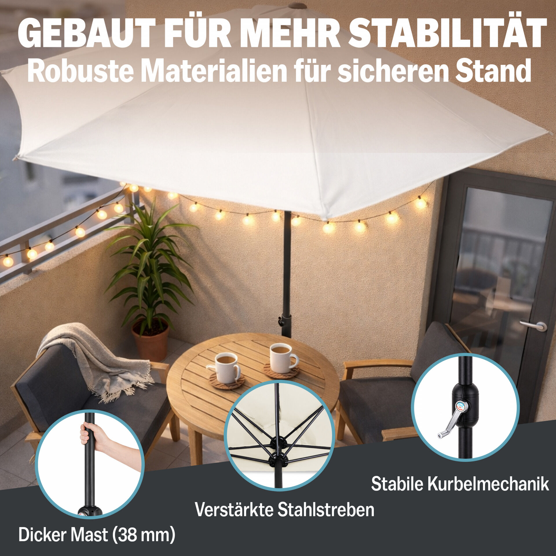 Terrassen-Sonnenschirm Creme UV-Schutz 80+