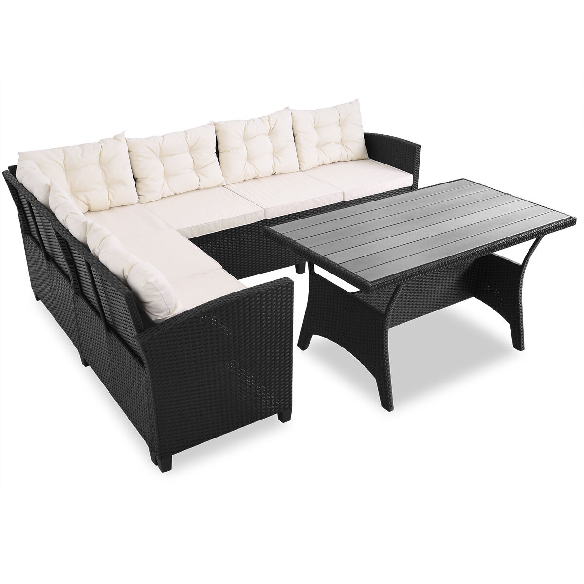 Polyrattan Lounge-Set Schwarz/Creme WPC Tischplatte