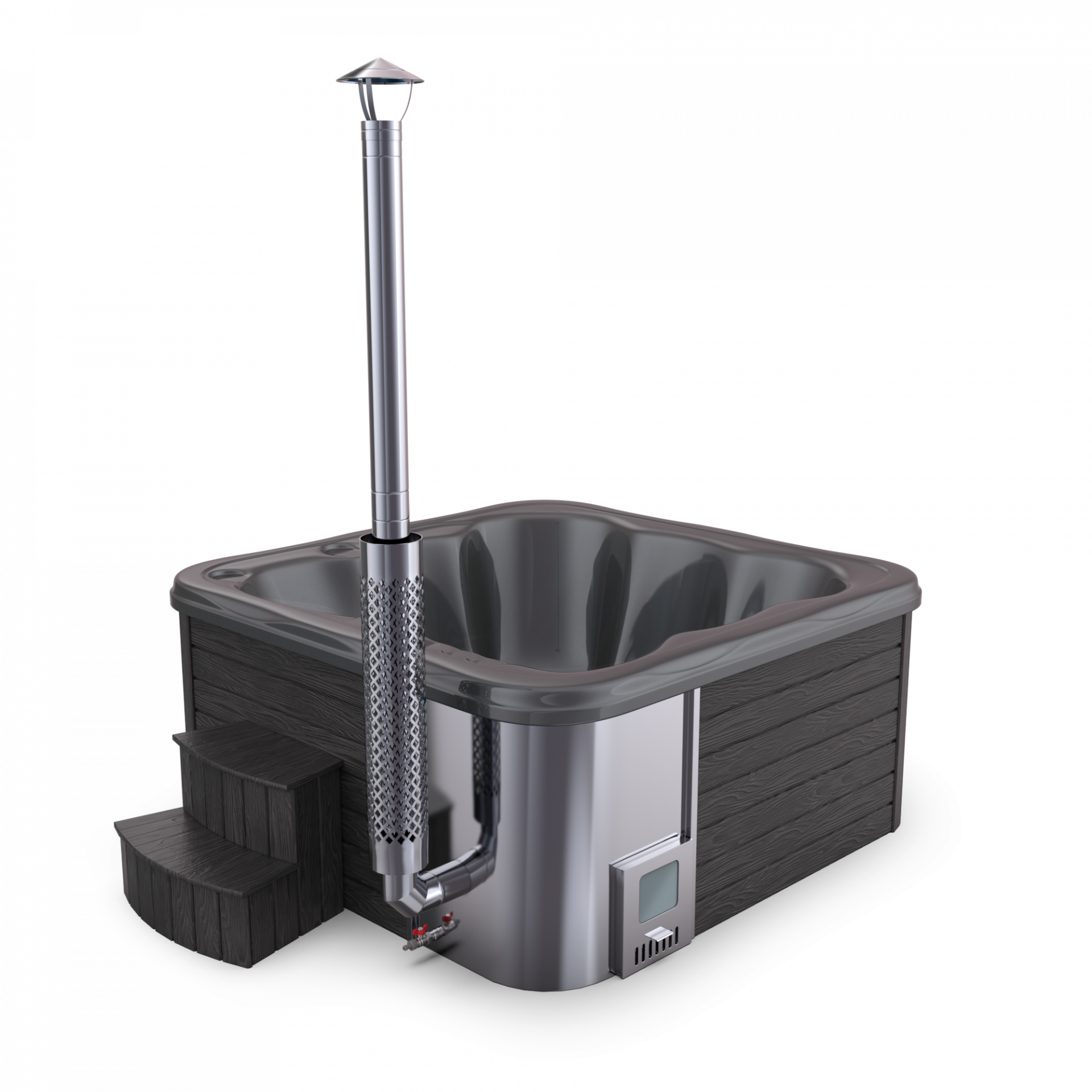 SPANOVA Hot Tub Premium 220 – WPC Whirlpool mit integriertem Holzofen & Acrylwanne, Weiß marmoriert, Holzofen - 35kw V2A