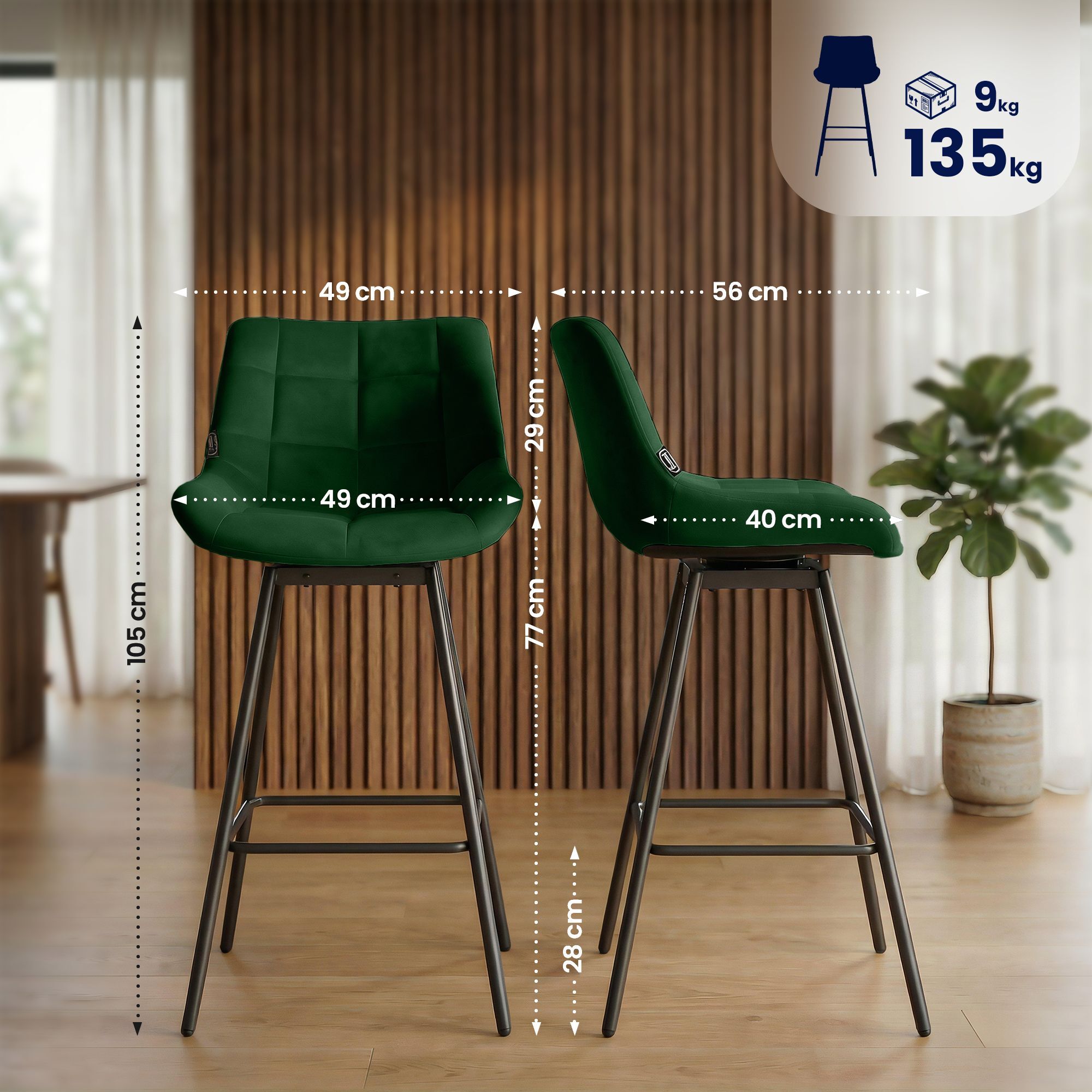 4er Set Barhocker Weston Schwenkbar Samt, dunkelgrün