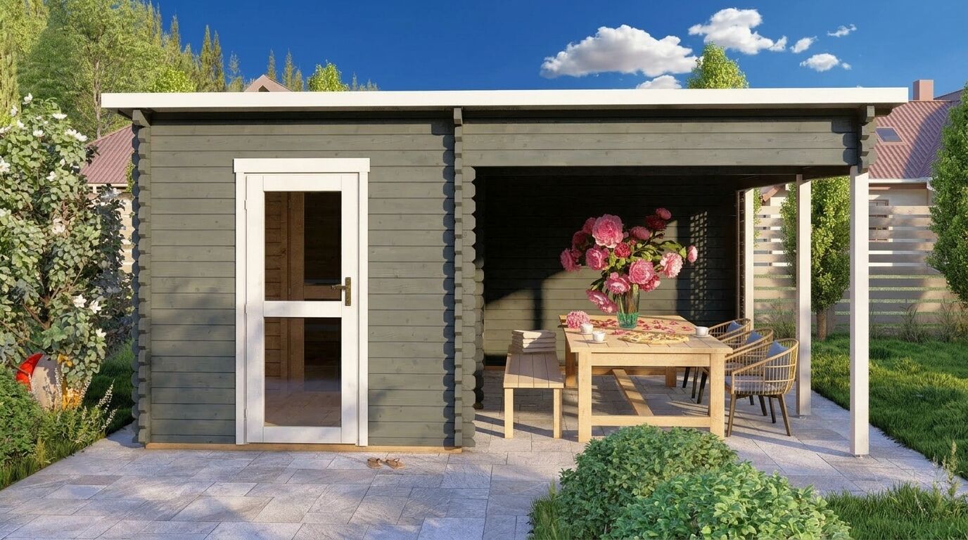 Saunahaus Trontheim 1 Plus – 510 x 360cm mit Terrassenanbau und Vorraum