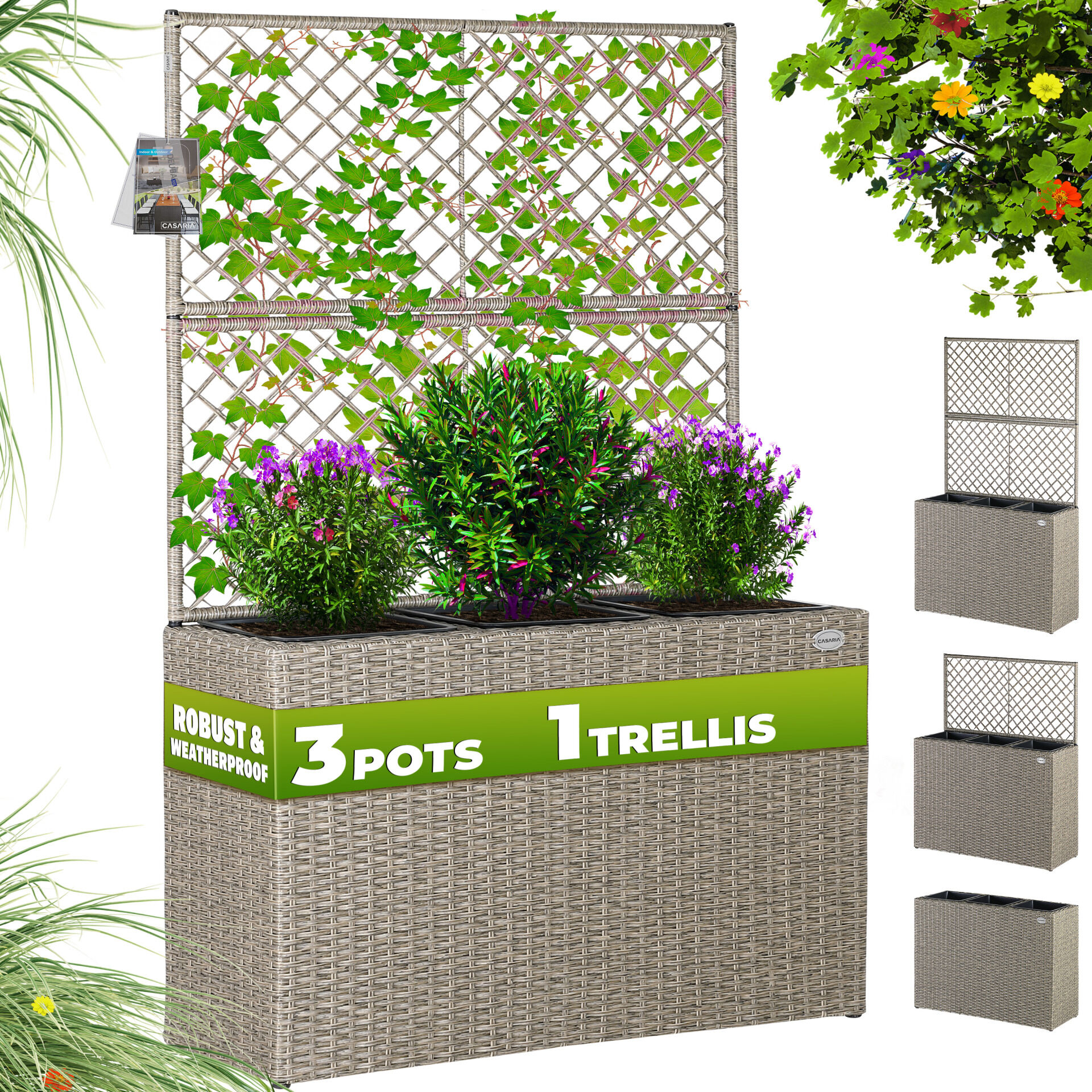 Polyrattan Blumenkasten mit Rankgitter Creme