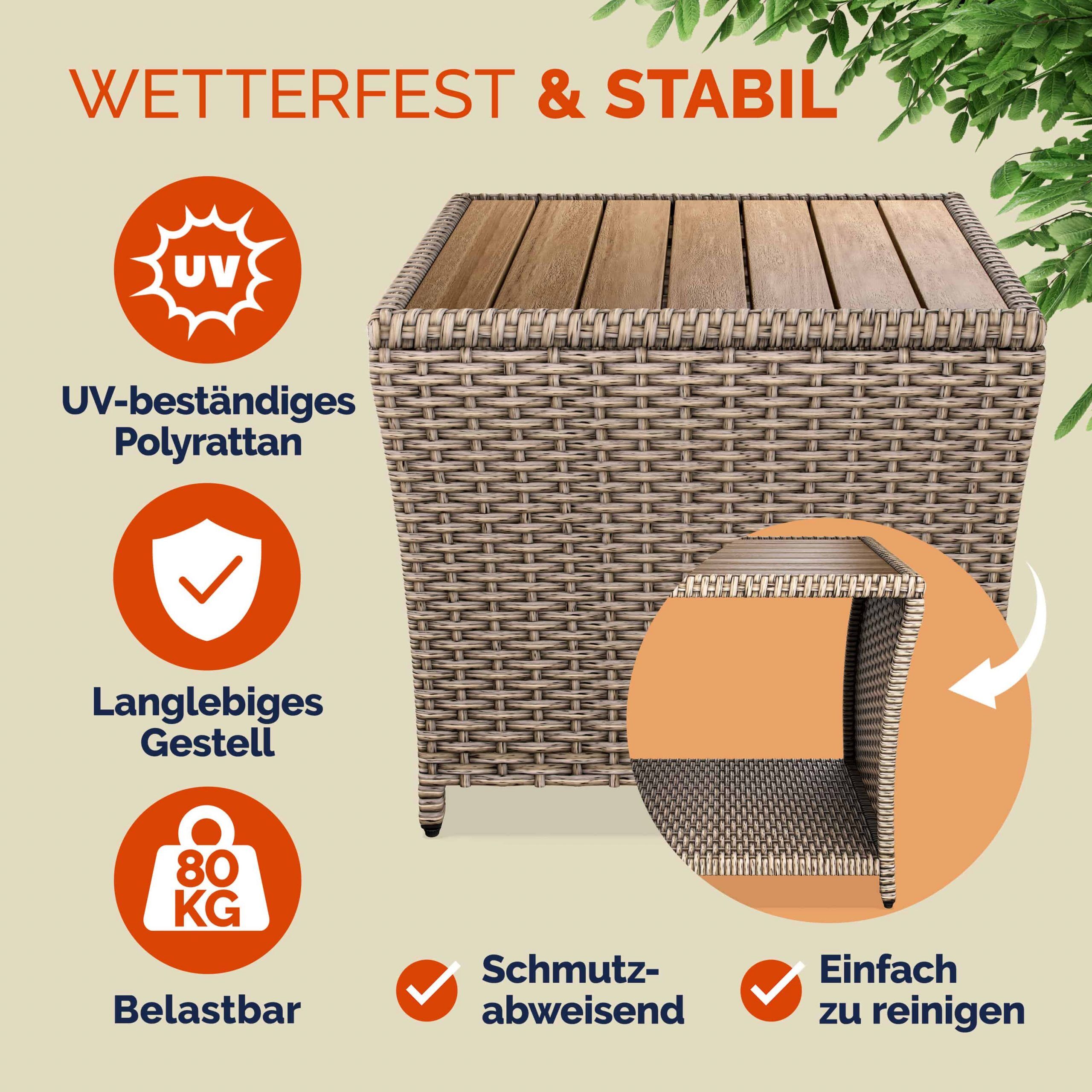 Polyrattan Beistelltisch Creme 40x45x45cm Akazienholz
