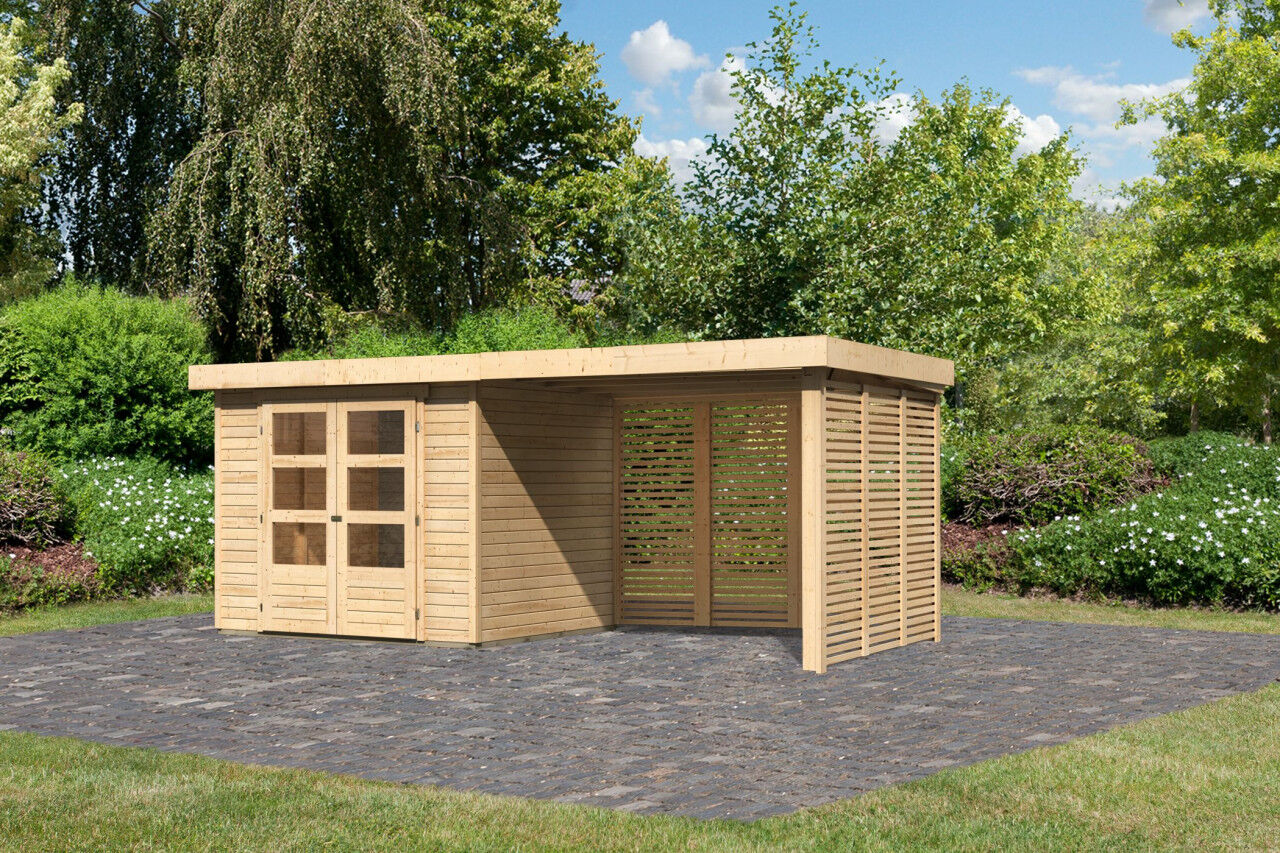 Flachdach Gartenhaus Askola 3 im Set mit Anbaudach 2,80 m und Feuerholzoption natur