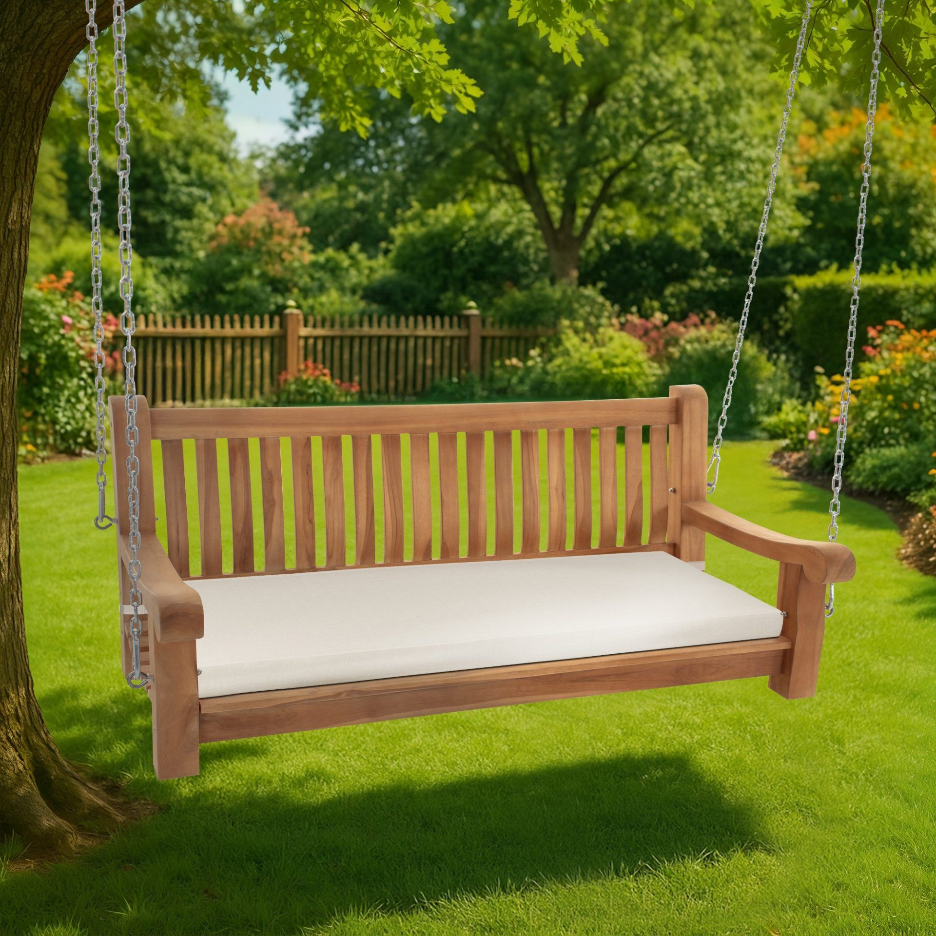 Schaukelbank Joyce mit Sitzkissen 150 cm + teak, creme