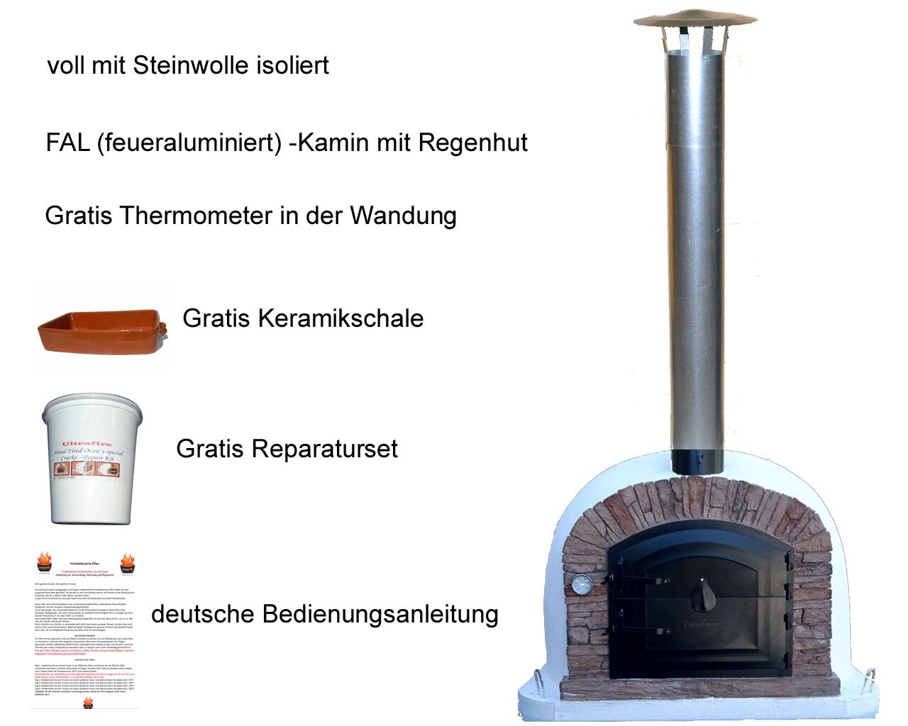 Holzbefeuerter Pizzaofen, Venturared 100 inkl. Kaminrohr und Regenhut, ohne Abdeckhaube, ohne Ofenzubehör, ohne Zubehörset, ohne Grillzubehör, ohne fahrbares Gestell