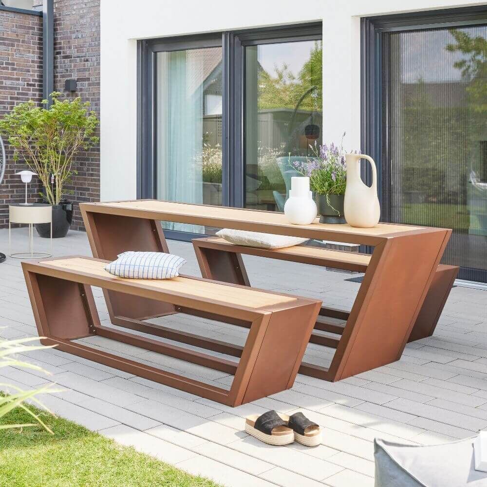 Sitzgarnitur aus Stahl KOBON Braun - Made in Germany - 2 x Bank + 1 x Tisch