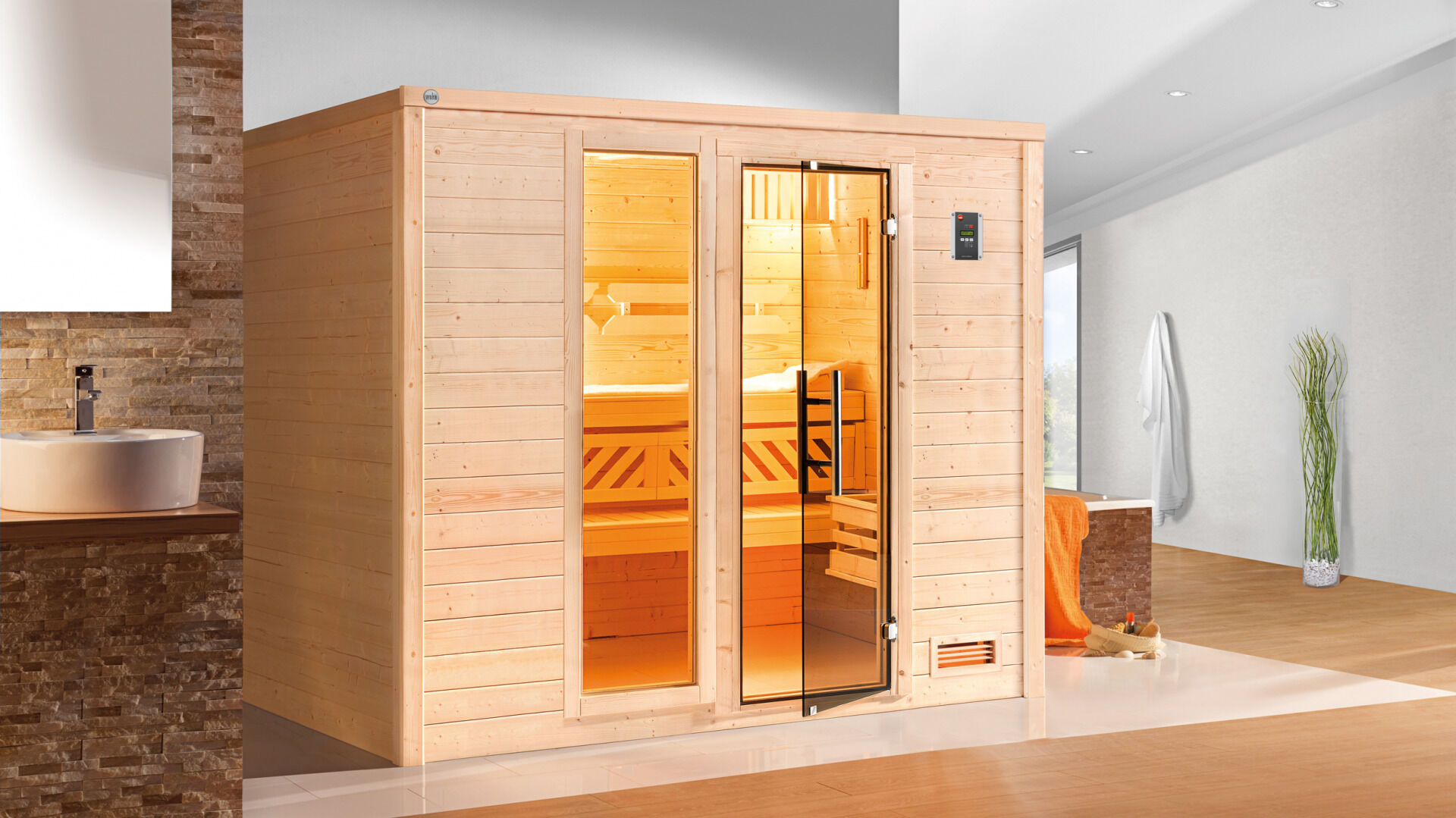 weka Premium-Massivholzsauna 45 mm BERGEN 4F, ohne Ofen, ohne Beleuchtung