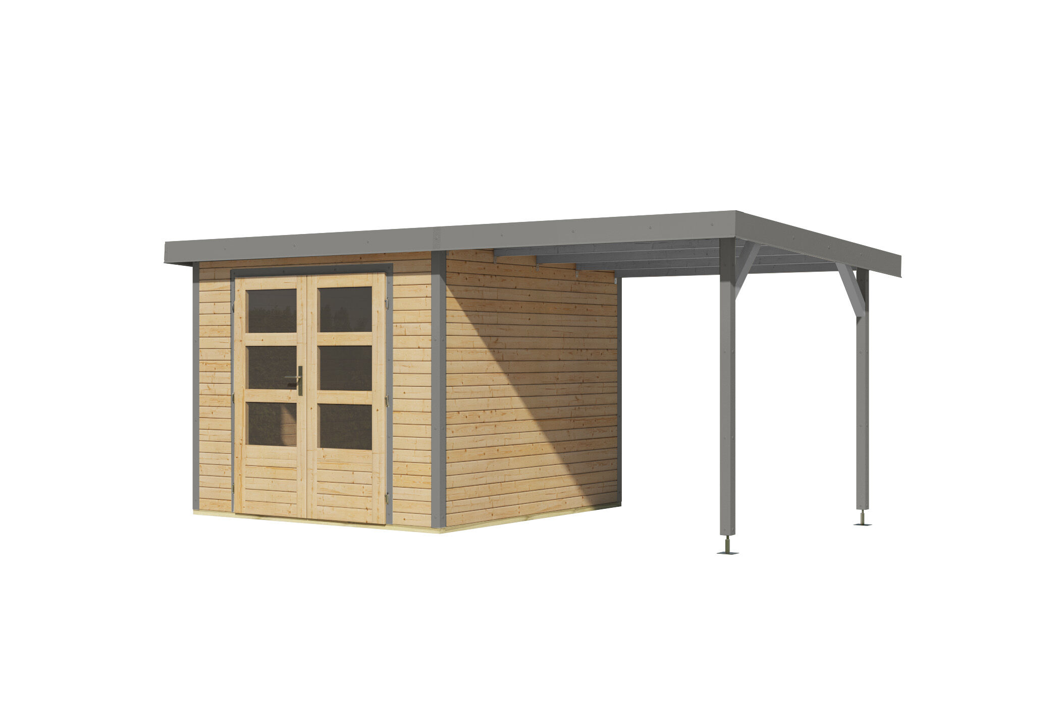 Karibu Pultdach Holz & Metall Gartenhaus Jupiter 3,5 Set mit Anbaudach 2,35 m, naturbelassen / graualuminium