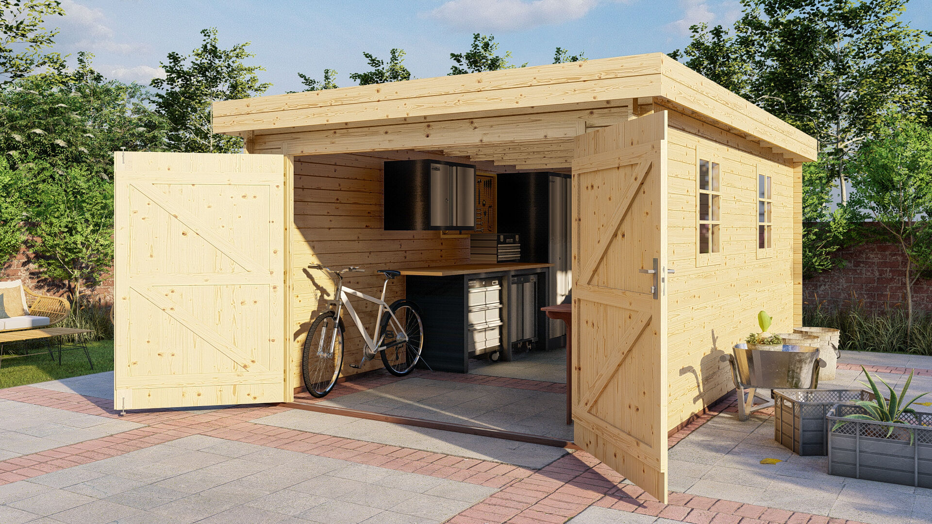 Flachdach Holzgarage Schweden 50 – 28 mm Blockbohlen Garage mit Holztor