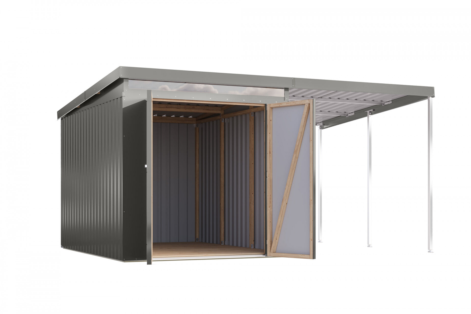 Karibu Pultdach Metall Gartenhaus Iridium 2,5 Set mit Anbaudach 2m, graualuminium