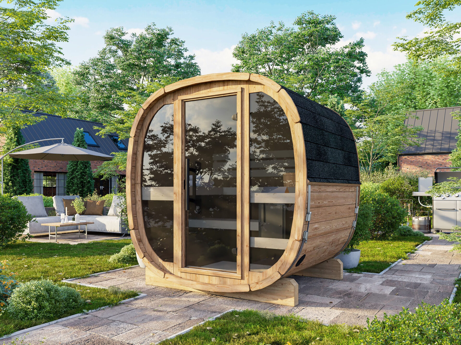 Palmako Fasssauna Astra 1,4 Thermoholz mit Glasfront