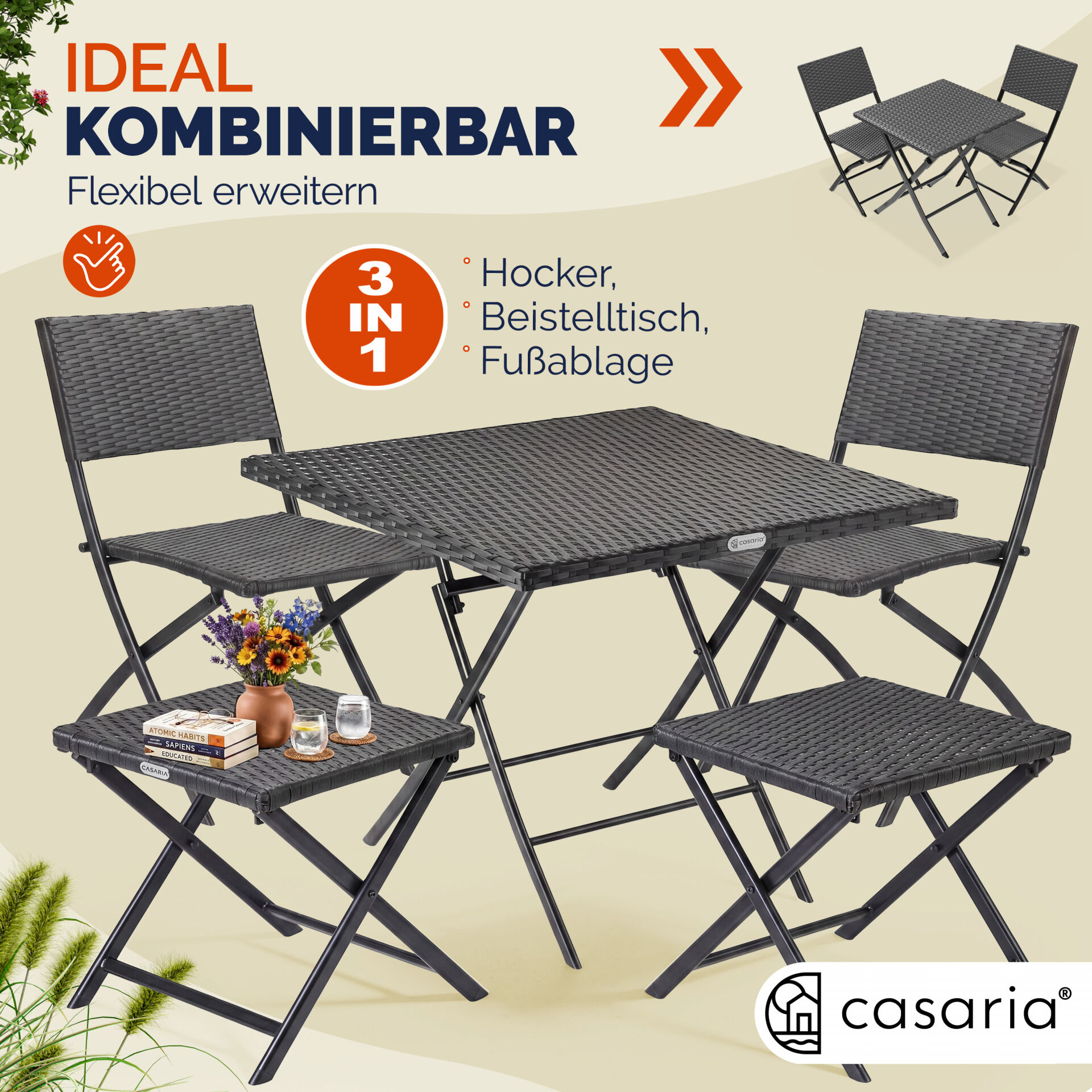 Polyrattan Klapphocker Anthrazit 3in1 120kg Belastbarkeit 43x40x44cm klappbar leicht tragbar außen wetterfest