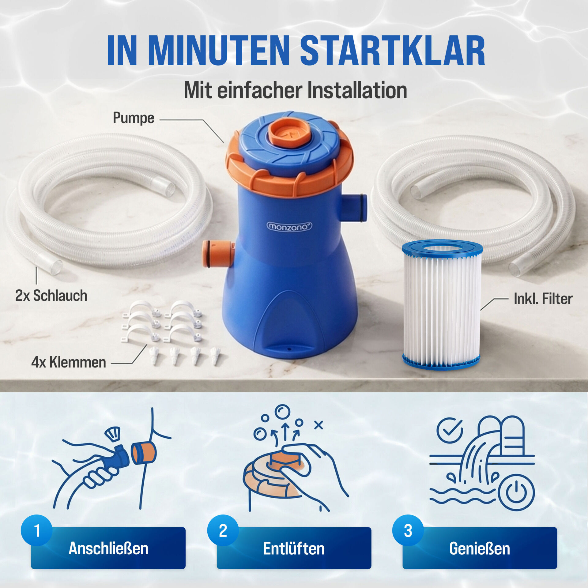 Pool Filterpumpe MZP90 Blau/Orange 3800 L/h
