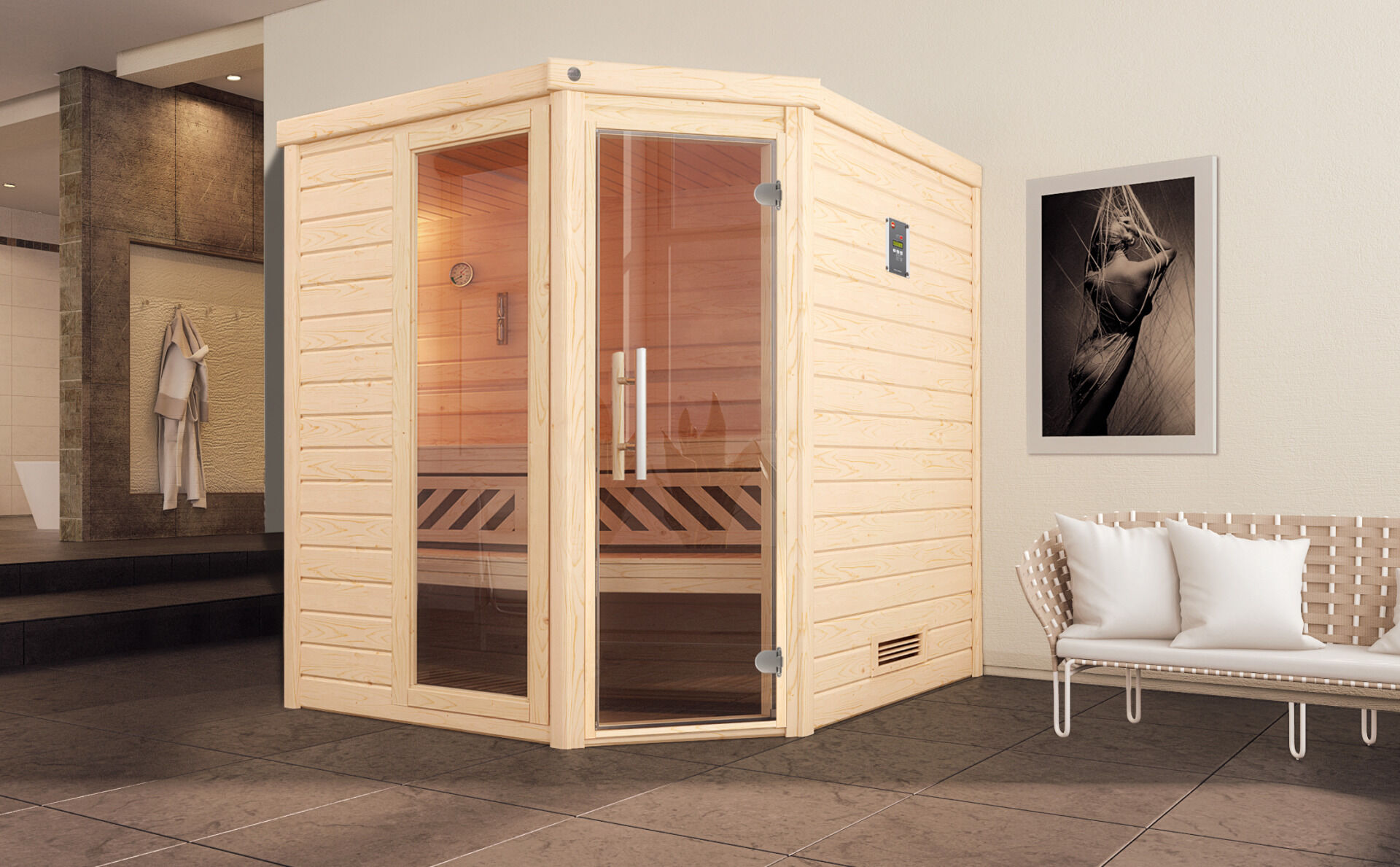 weka Premium-Massivholzsauna 45 mm TURKU 2F, ohne Ofen, ohne Beleuchtung