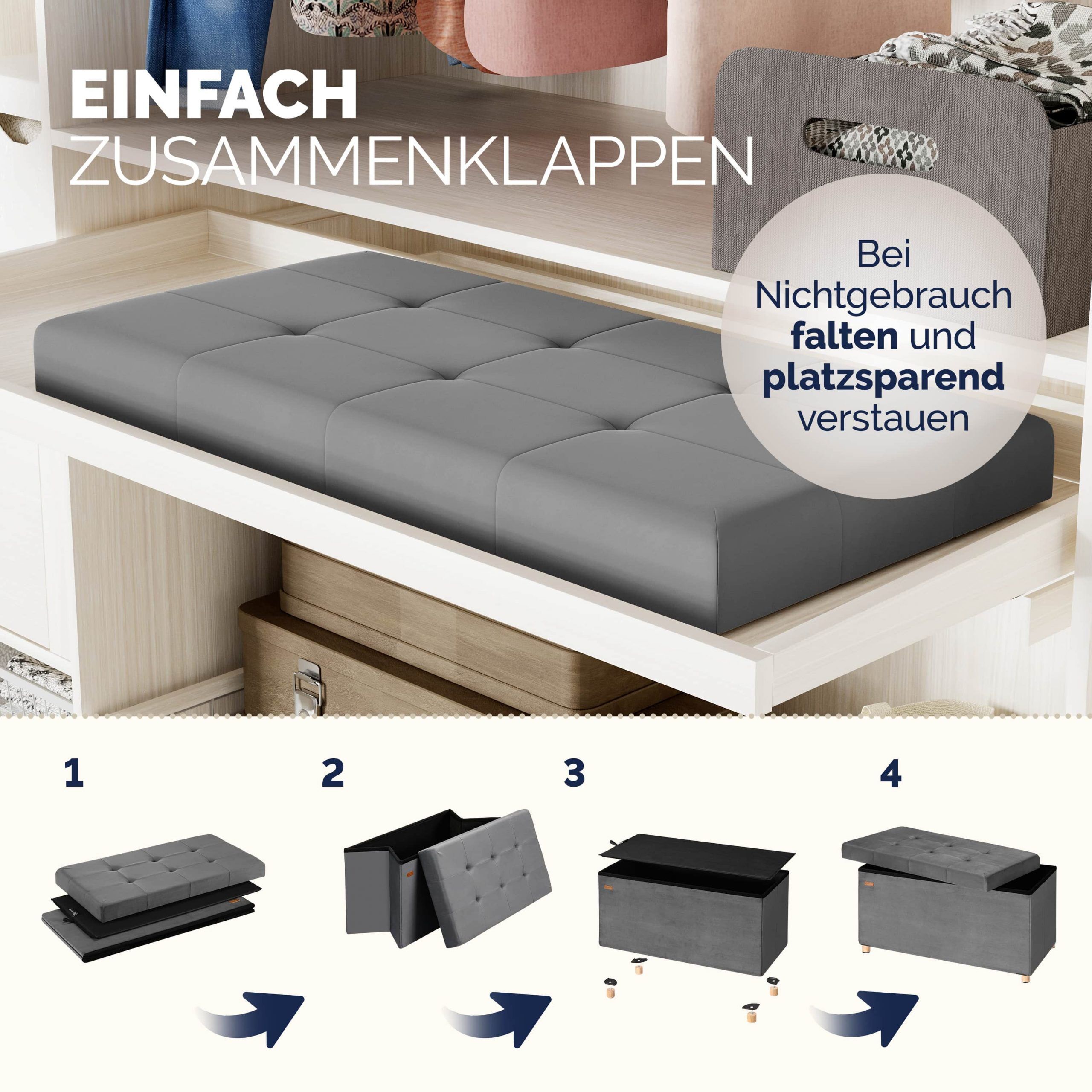 Sitzbank Anthrazit Samt 76x38x42cm mit Stauraum faltbar