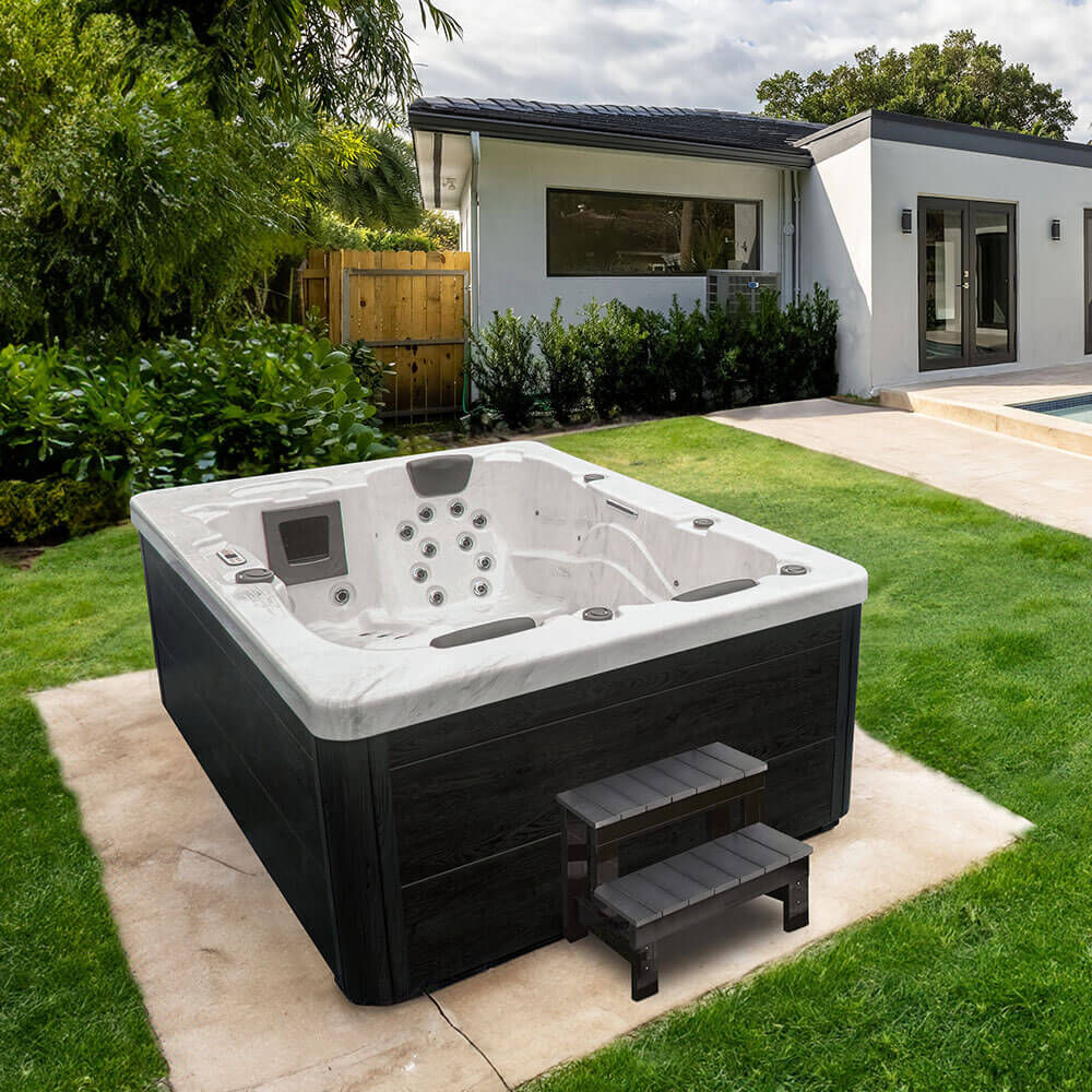 Outdoor Whirlpool mit Treppe und Thermoabdeckung WHITE MARBLE - 210 x 160 cm für 3 Personen