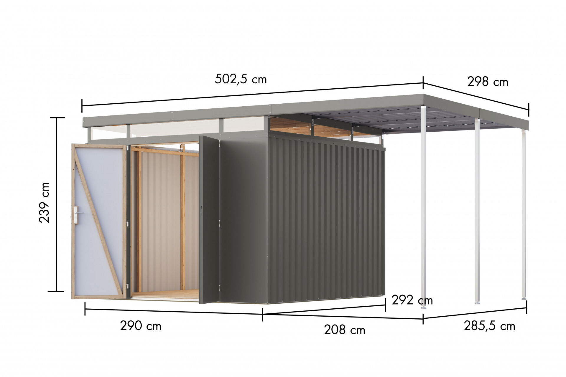 Karibu Flachdach Metall Gartenhaus Aurum 3,5 Set mit Anbaudach 2m, graualuminium