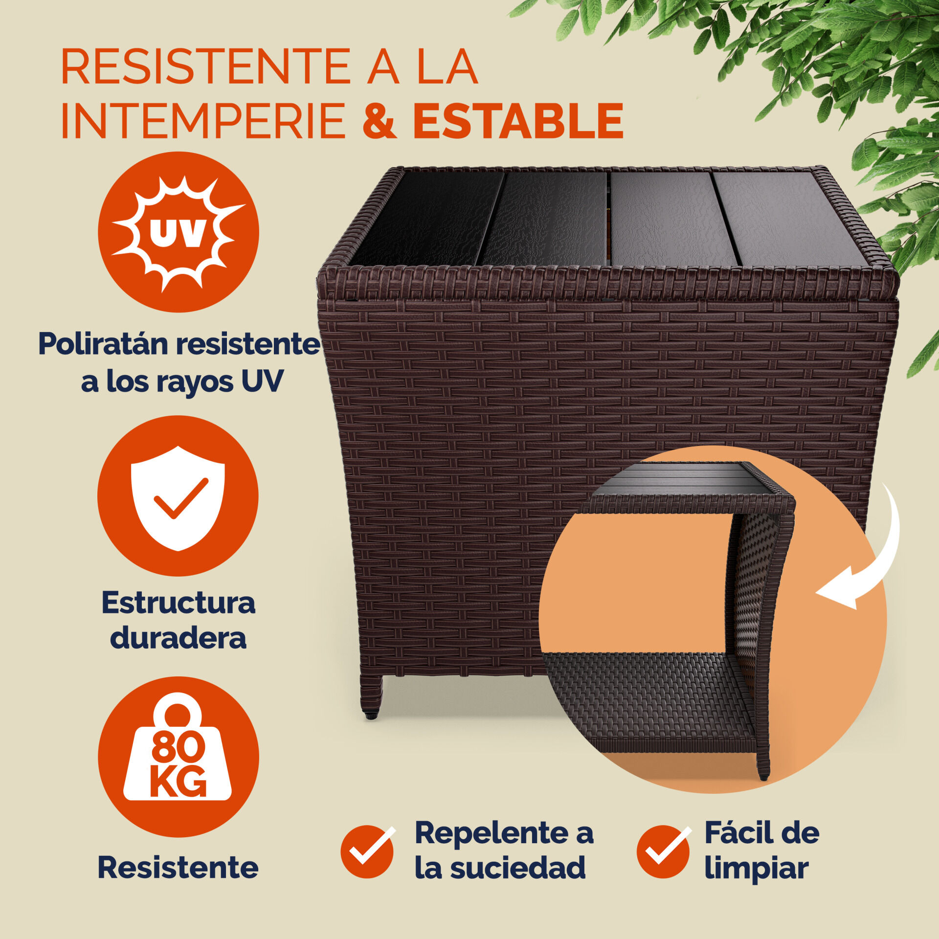 Polyrattan Beistelltisch Vedis Braun 45x45x40cm