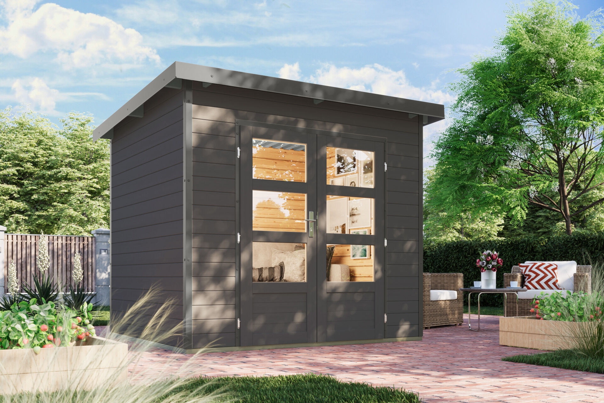 Karibu Pultdach Holz & Metall Gartenhaus Pluto 2, naturbelassen / graualuminium